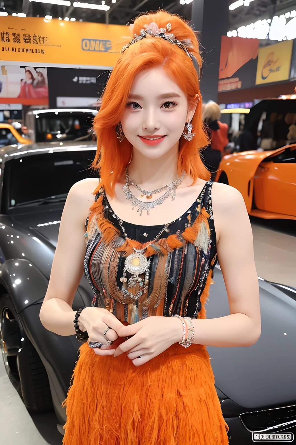 (extra detailed body、extra detailed face、best qualtiy:1.2)、femele、looking at the viewers、(Orange hair fancy hair ornament、、Outstanding smile、Earrings of shoulder-length bird feathers,、Fancy Necklaces、Bracelets、Tank tops、Split abs、JINS)、(American Car Exhibition Hall:1.4)Pippy Fu