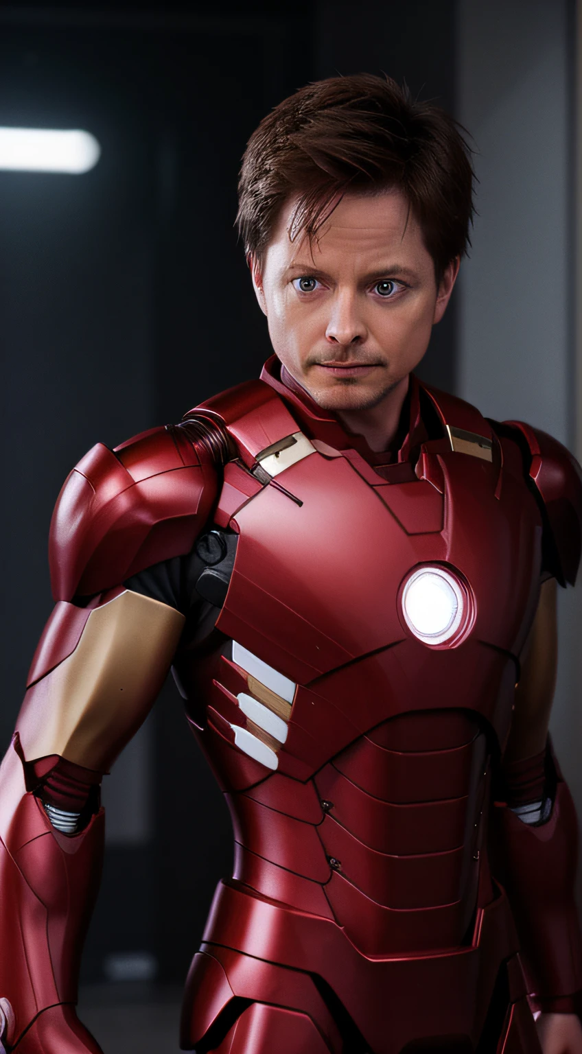 Close-up, homem (ironman suit), ((((Michael J Fox)))), fotorrealista, ultra-detalhado, detalhes intrincados, super detalhado, volumático, HDR, Realistic, Motor irreal, 16k, foco nítido, octan render, da mais alta qualidade, Foto RAW, cinematic  composition,