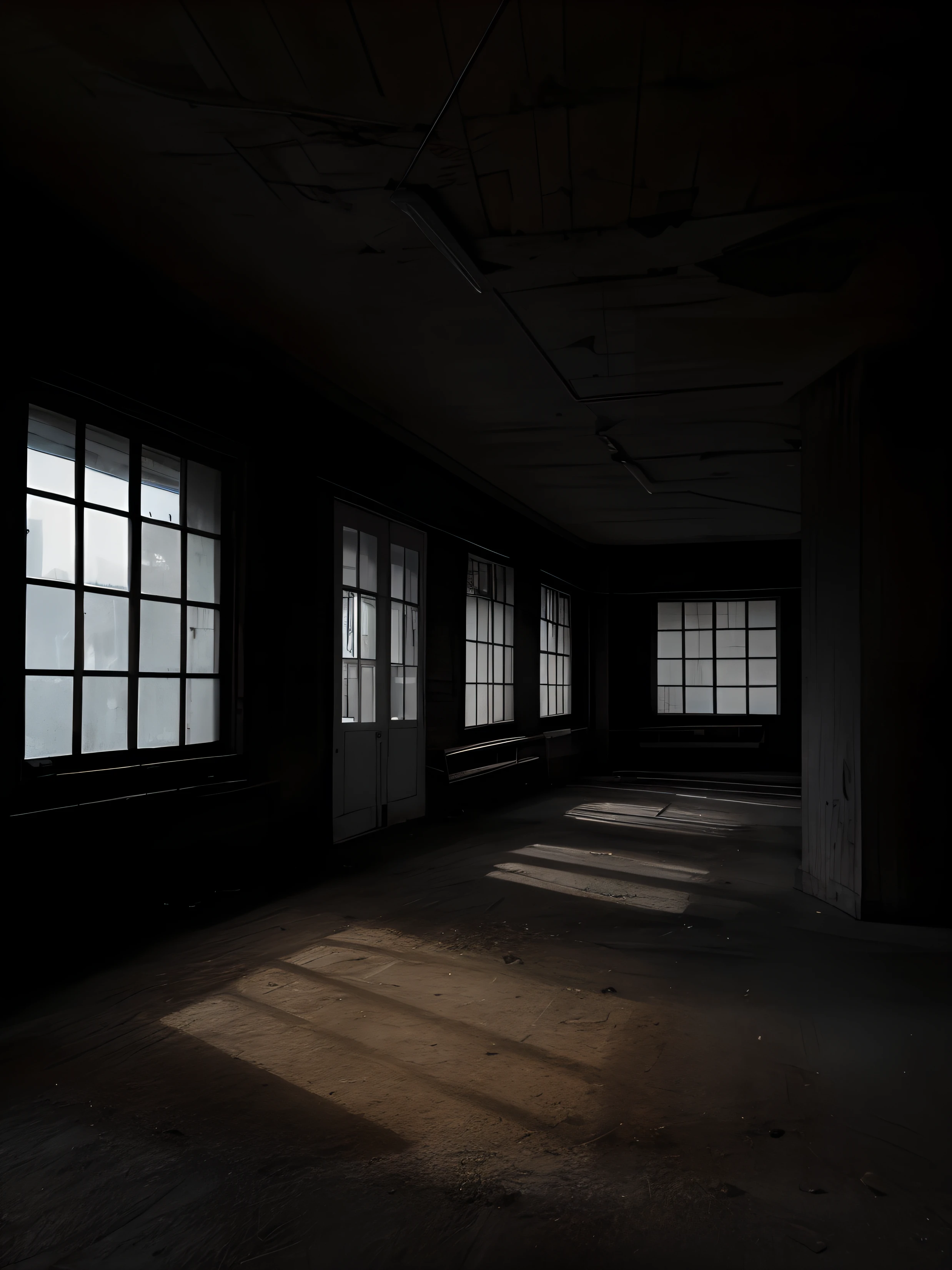 Sala vazia com janelas e muita luz, Luz proveniente das janelas, muito escuro e abandonado, sala cheia de sombra com sombrio, luz vinda das janelas, Dim warehouse, atmosfera industrial escura, Light through windows, in an abandoned office building, quarto escuro e nebuloso, Por dentro de Berghain, unsettling creepy liminal space, the scary empty liminal spaces