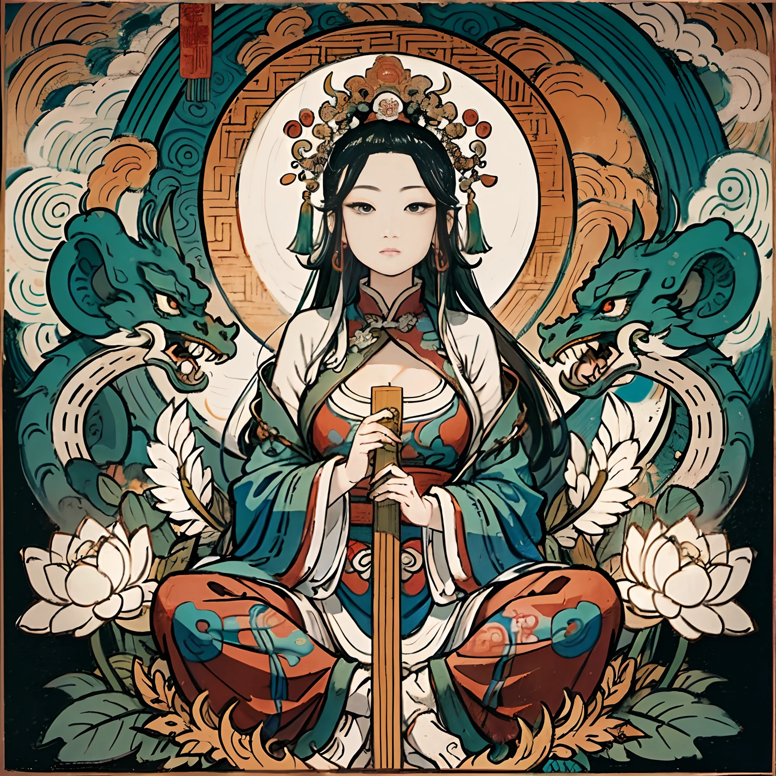 an ancient Chinese goddess, guanyin of the southern seas, Guanyin, Inspired by India, Avalokiteshvara rides a dragon，,Serene expression,shui mo hua,Buddha,Buddhist,Lotus,Chinese painting style,Thangka style