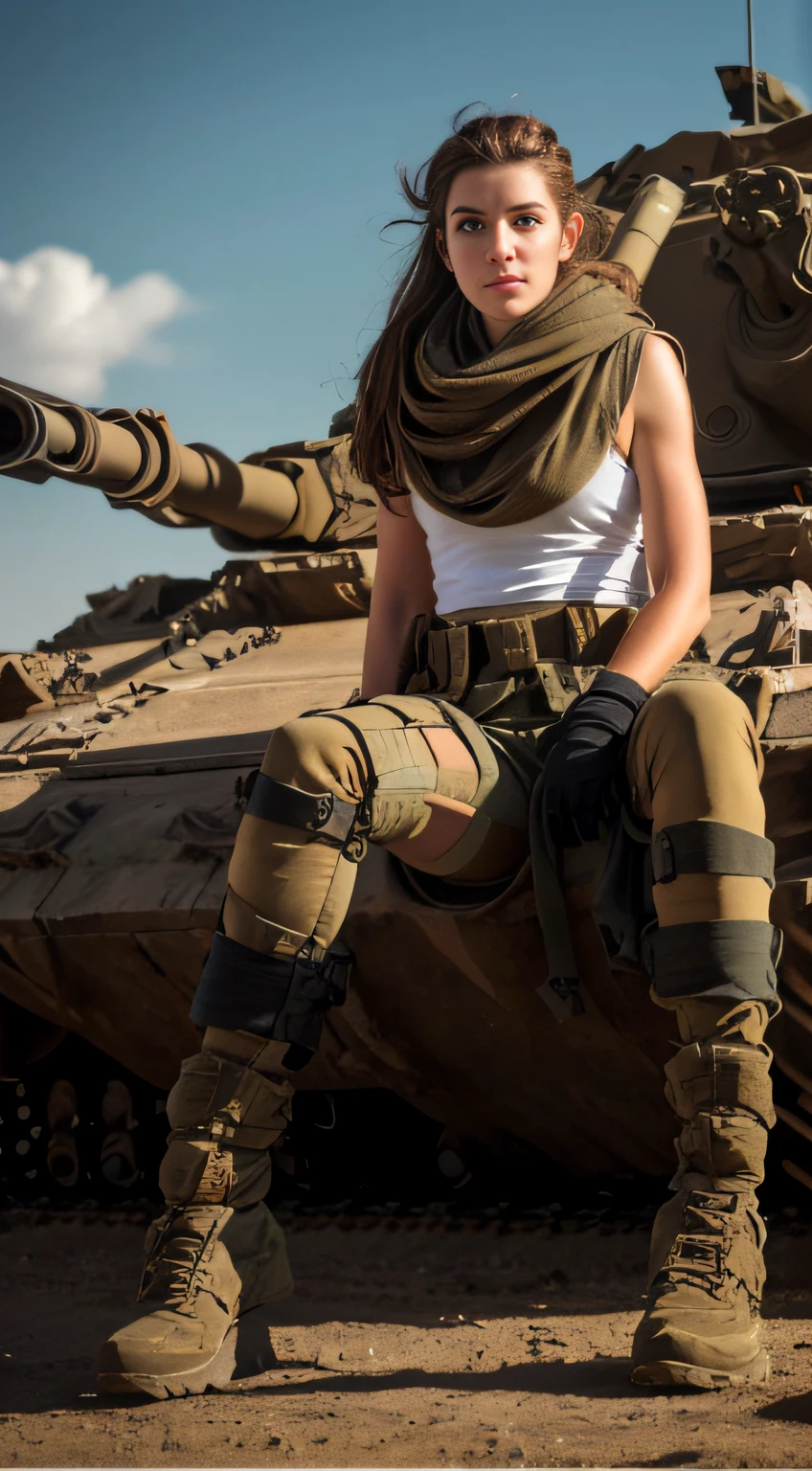 Arad woman sitting on a tank,A scarf is wrapped around his neck, clothed in military armor, mechanized soldier girl, Stand on the crazy Max armored tank, quiet from metal gear solid v, military girl, quiet from metal gear solid, soldier girl, mais conhecido como Amouranth, amouranth, dieselpunk soldier girl, beautiful female soldier