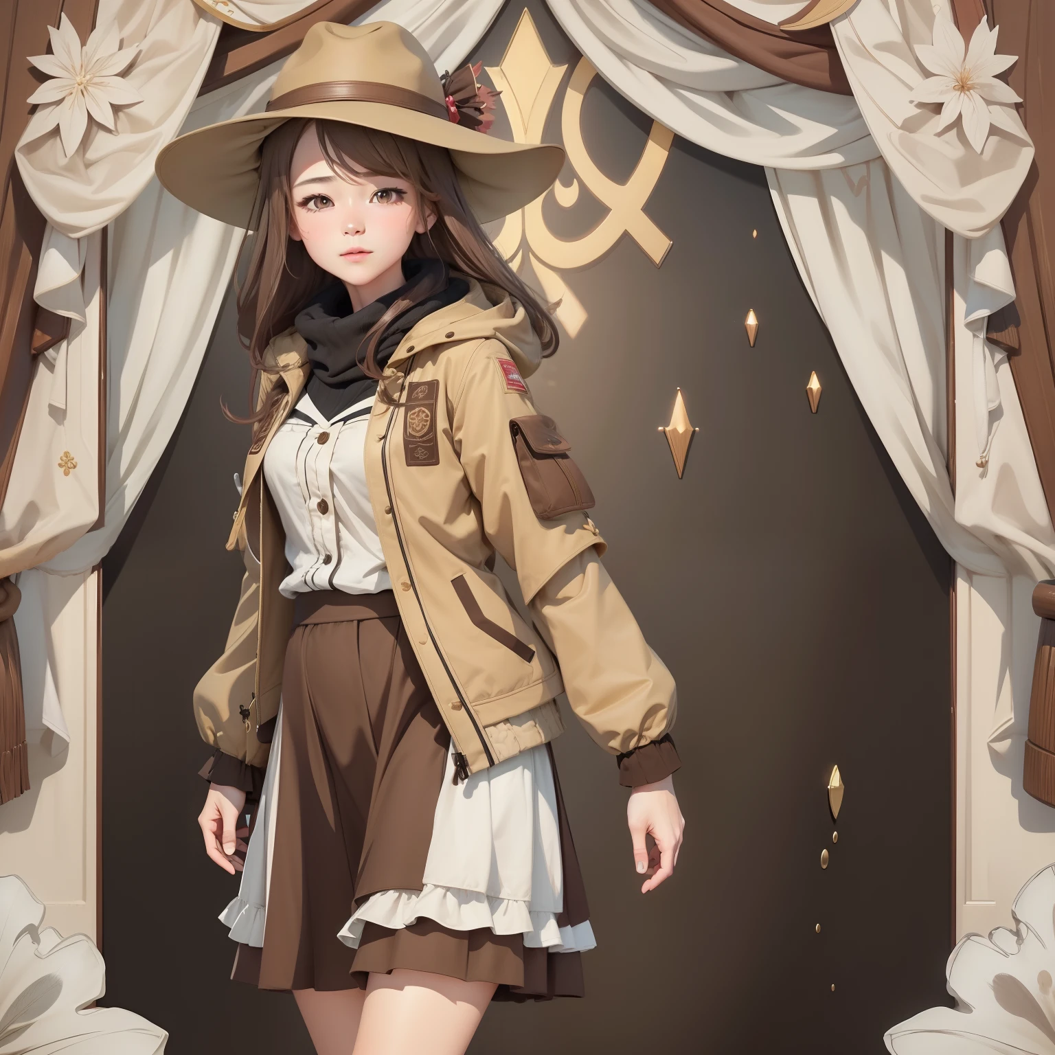 Extremely detailed CG unified 8K wallpaper, very fine 8KCG wallpaper, absurderes，Lori ，Best quality ，ultra - detailed ，Beautiful face  ，tmasterpiece、top-quality ，Best quality ，ultra - detailed ，Beautiful face、tmasterpiece、top-quality、A girl stands、独奏、One girl、(((Brown shoulder jacket)))、((Light brown hair Long hair))、((Brown hat))、((brown skirt，Ruffles,))、Brown hooded top、outside of house