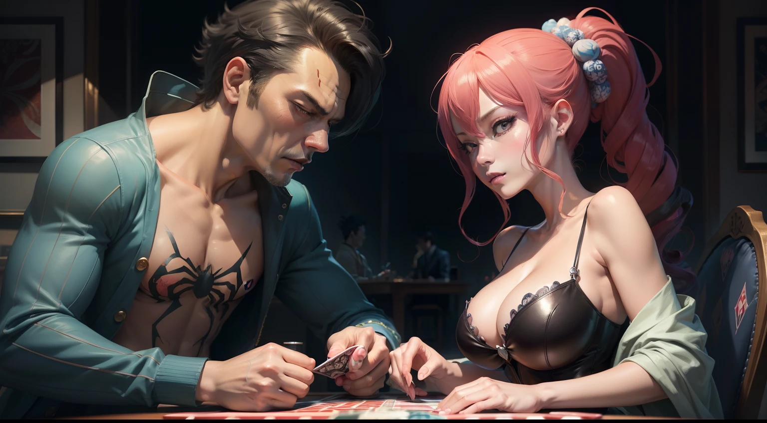 (Digital Painting)、(top-quality)、Man and woman playing cards together、Nami from Spider-Man and One Piece、Nami、spider-man、baccarat、poker、PlayingCards、Ukiyo-e Art Style、Hokusai's inspiration、Popular deviant art、8K Ultra Real、Pastel Color Schemes、Soft lighting、Looks fun