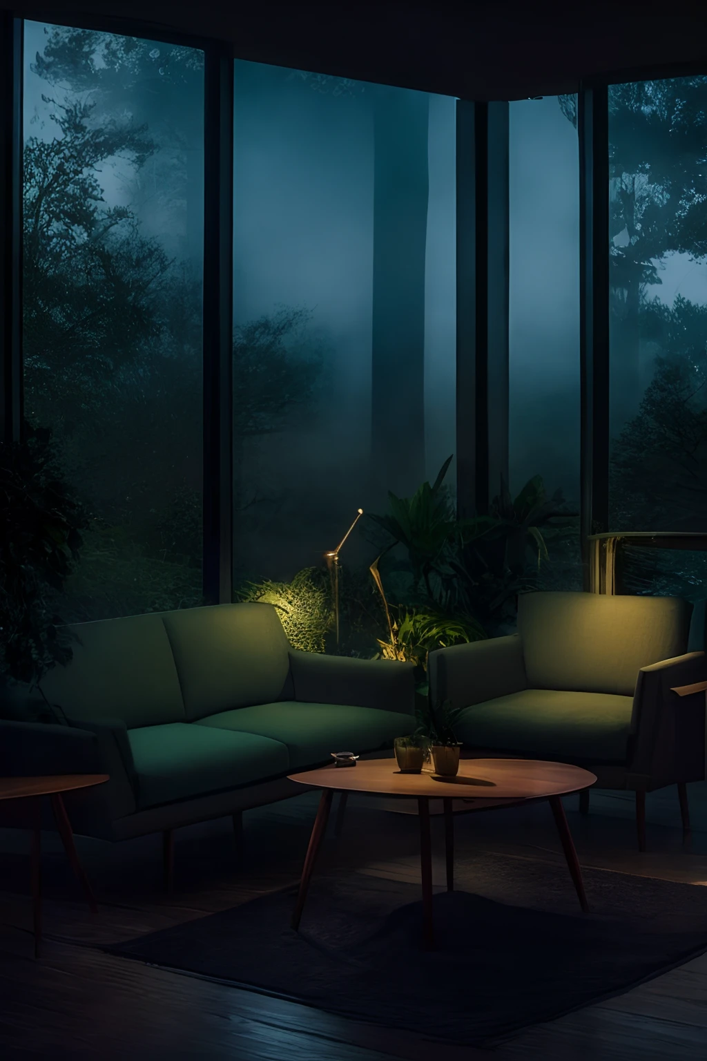 midcentury modern living room dimly lit with dark rainy evening outside, (foggy rainy evening:1.2), pacific northwest, (dim lighting:1.4), (moody lighting:1.2), plants, large plants, rainy, monstera, many plants, (foggy windows:1.2), masterpiece, best quality, twilight hour, (nighttime:1.4), rainy evening, after sunset, dark sky, dark night, dark theme,