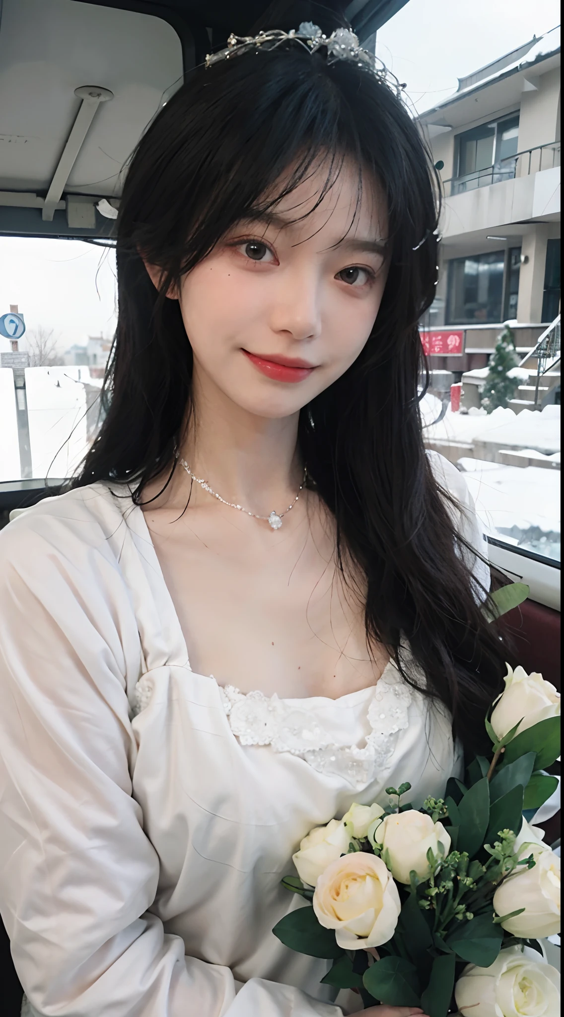 best qualtiy,tmasterpiece,超高分辨率,(realisticlying:1.4),2girls,winking,Large wavy curls,Melon seed face,tiara crown,Enchanted smile,二重まぶた,A pair of peach blossom eyes,Snow-white lace wedding dress,Pure,choker necklace,adolable,Snow-white translucent skin,head straight-looking at viewer,On a helicopter,Full of atmosphere,hair pin:1.4,(The upper part of the body:1.4),