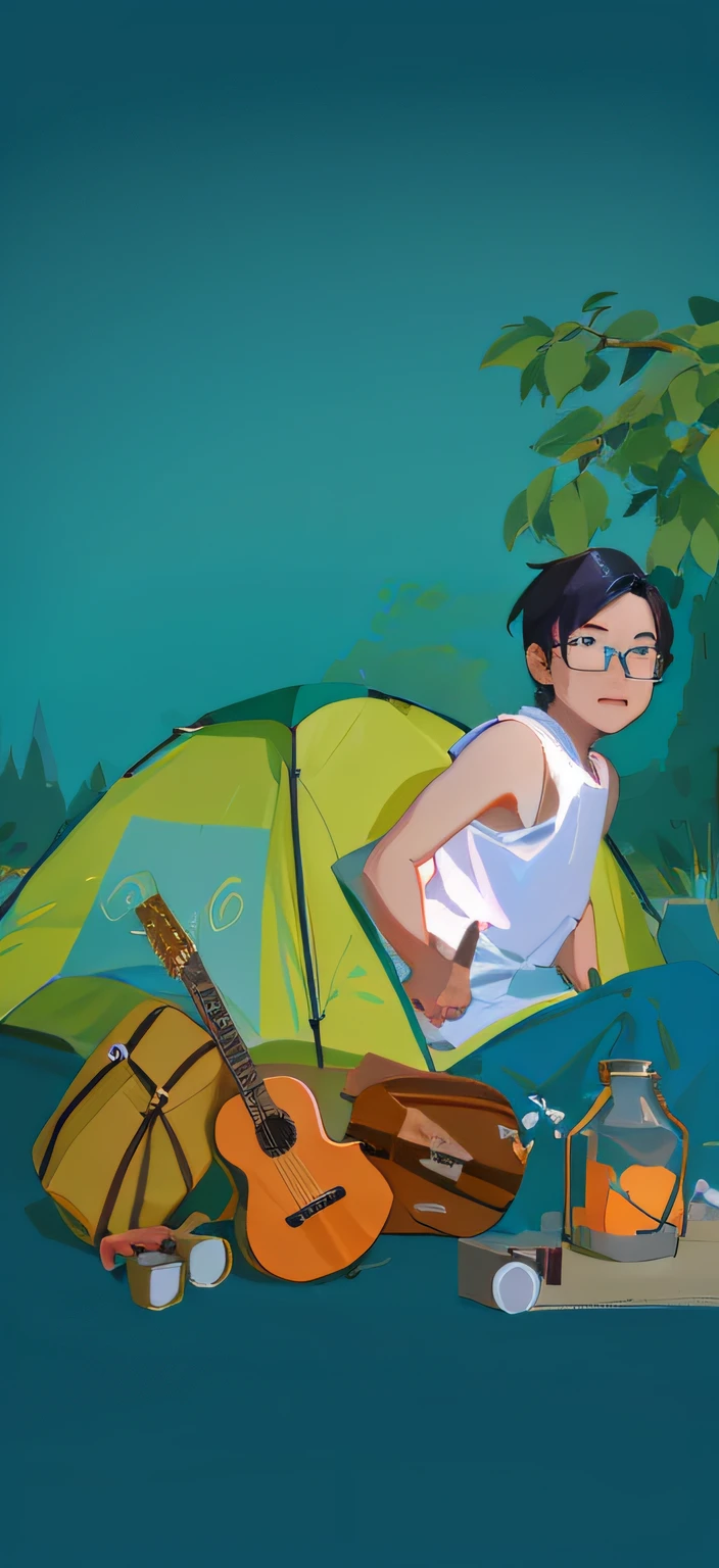 There's a man next to a tent with a guitar, Arte no estilo de Guweiz, stylized digital illustration, pintura digital dos desenhos animados, poster illustration, arte de pintura digital dos desenhos animados, inspirado em Goro Fujita, inspirado em Yeong-Hao Han, he is at camp, in illustration style digital, 2d illustration, 2d illustration, Campismo