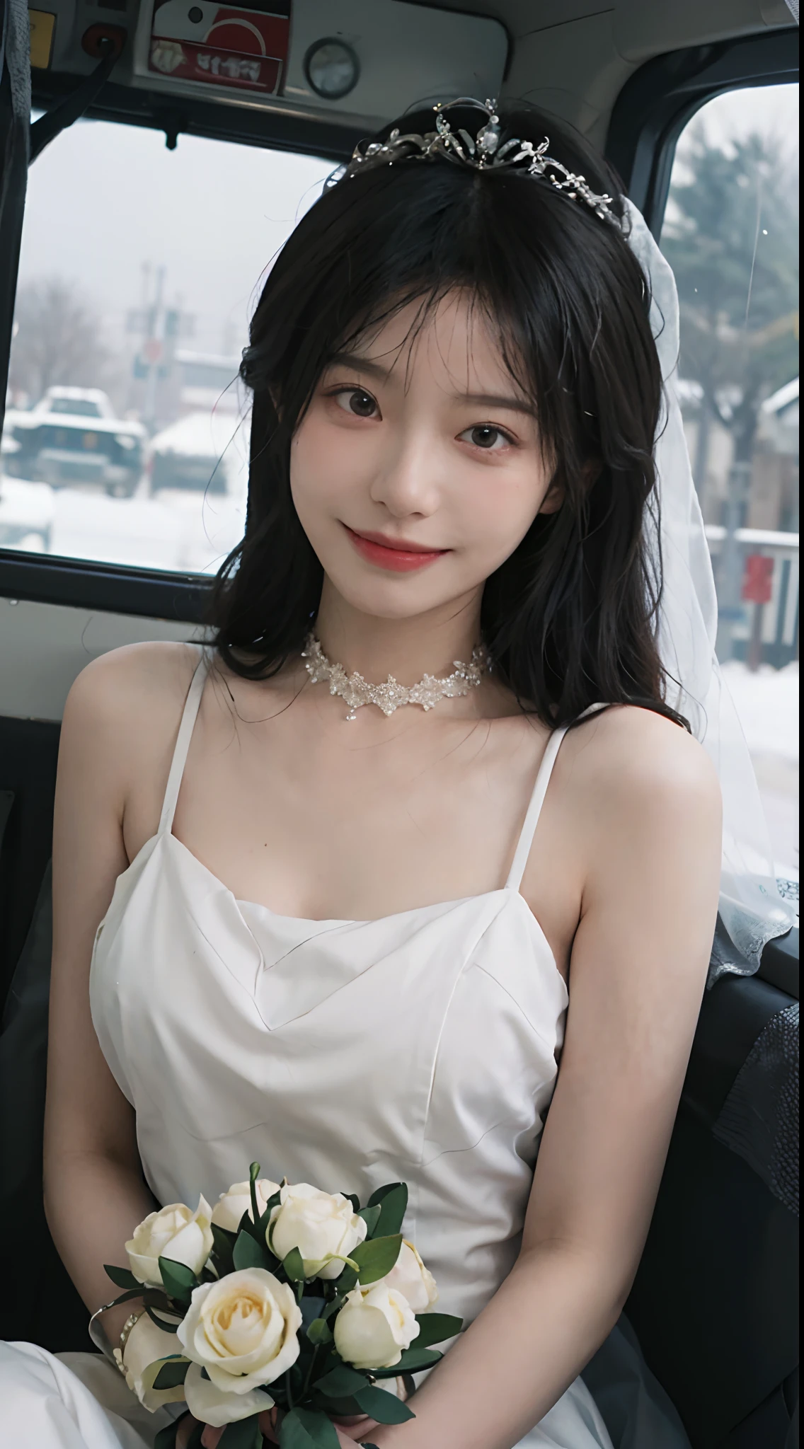 best qualtiy,tmasterpiece,超高分辨率,(realisticlying:1.4),2girls,winking,Large wavy curls,Melon seed face,tiara crown,Enchanted smile,二重まぶた,A pair of peach blossom eyes,Snow-white lace wedding dress,Pure,choker necklace,adolable,Snow-white translucent skin,head straight-looking at viewer,On a helicopter,Full of atmosphere,hair pin:1.4,(The upper part of the body:1.4),