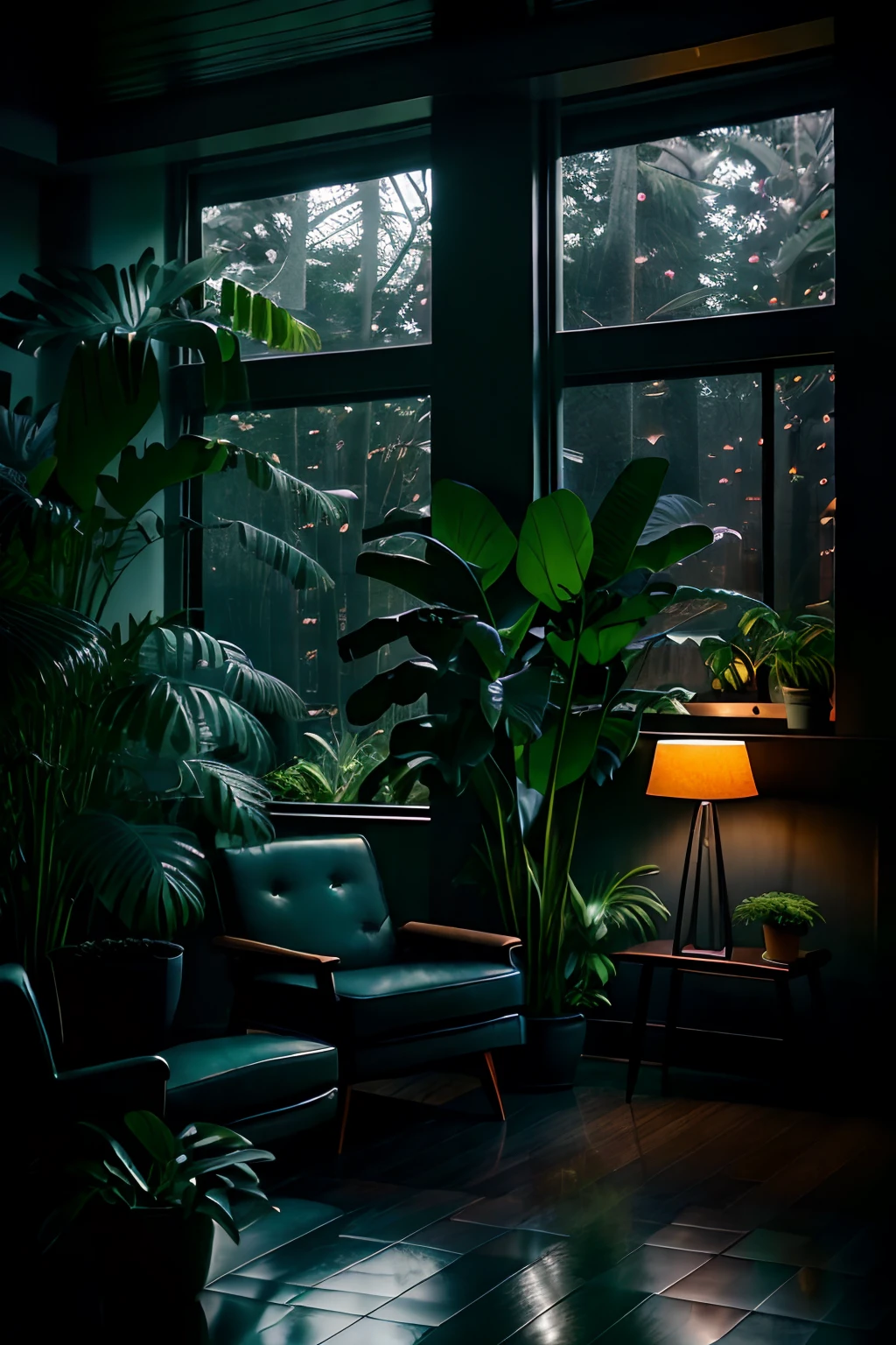 midcentury modern living room dimly lit with dark rainy evening outside, (foggy rainy evening:1.2), pacific northwest, (dim lighting:1.4), (moody lighting:1.2), plants, large plants, rainy, monstera, many plants, (foggy windows:1.2), masterpiece, best quality, twilight hour, (nighttime:1.4), rainy evening, after sunset, dark sky, dark night, dark theme,