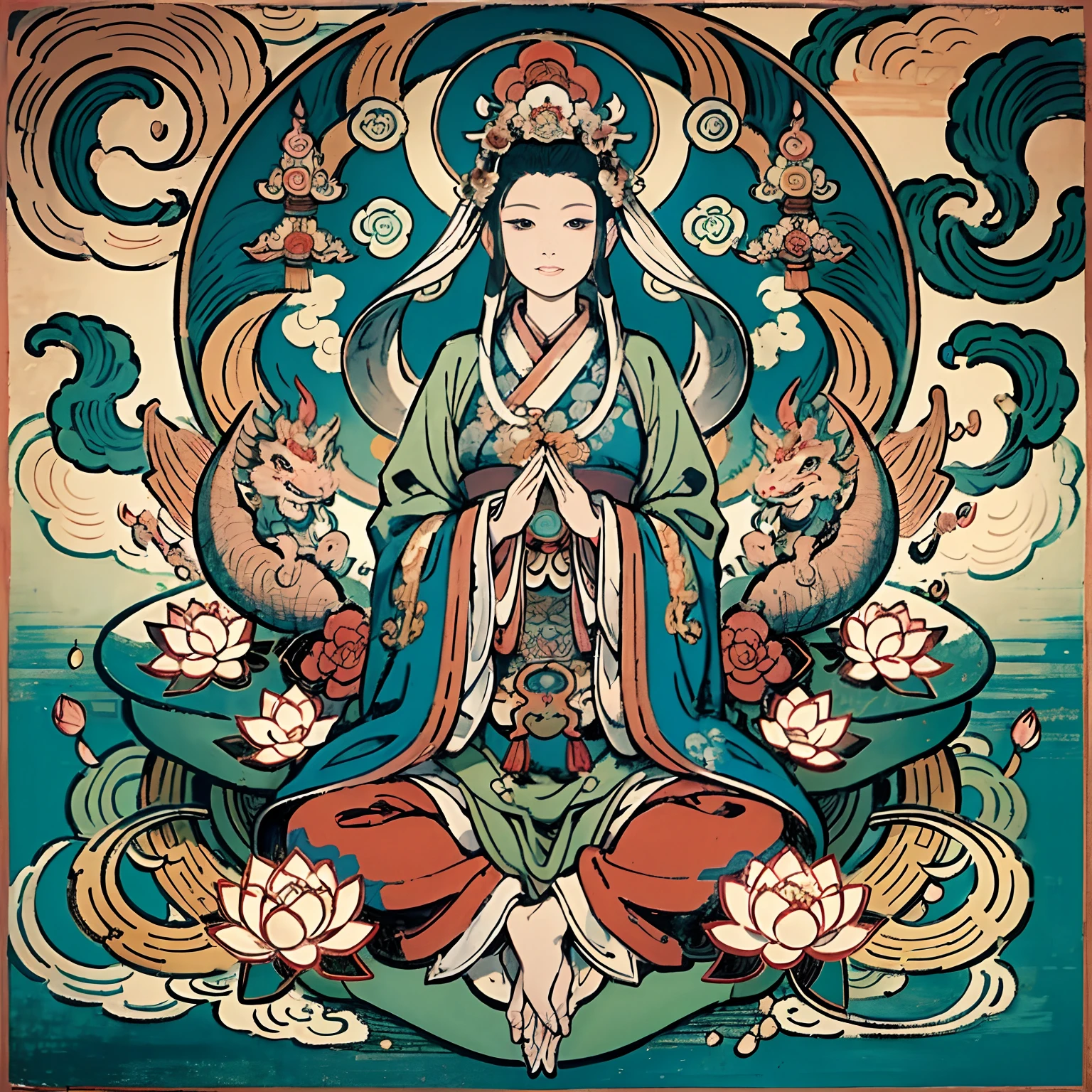 an ancient Chinese goddess, guanyin of the southern seas, Guanyin, Inspired by India, Avalokiteshvara rides a dragon,,Serene expression,shui mo hua,Buddha,Buddhist,Lotus,Chinese painting style,Thangka style