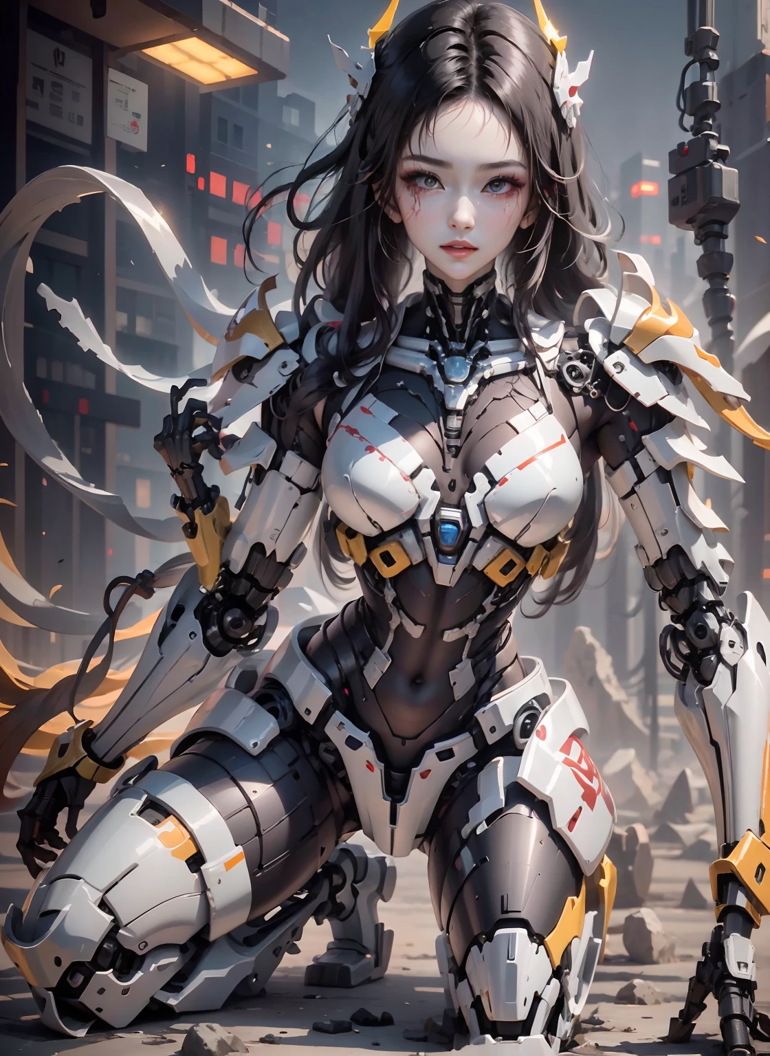 1 Mechanical Girl， alita battle angel， （（hyper realistic detailed））， sportrait， globalillumination， shadowing， rendering by octane， 8k， Super sharp， metals， 复杂， decorative details， cool colours， egypician detail， highly intricate detail， realistic raytraicing， CGSociety trends， eyes with brightness， facing at the camera， neon light detail， Mechanical limbs， Blood vessel attached to tube， The mechanical vertebrae are attached to the back， The mechanical cervical vertebrae are attached to the neck，  full bodyesbian，Purple wires and cables are attached to the head，（Heel socks），（Red blood），（Golden yellow armor，silvery white），（Clear bones），Flirtatious sexy pose，Bikini white，red colour，Don't point your chin so much