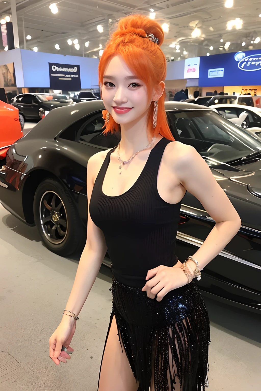 (extra detailed body、extra detailed face、best qualtiy:1.2)、looking at the viewers、(orange hair fancy hair ornament、、Outstanding smile、fancy shoulder-length bird feather piercings,、a necklace、Bracelets、Five-color vertical stripes on tank top、abdominals、JINS)、(American Car Exhibition Hall:1.4), conjoined_dicephalus, (two heads:1.3)