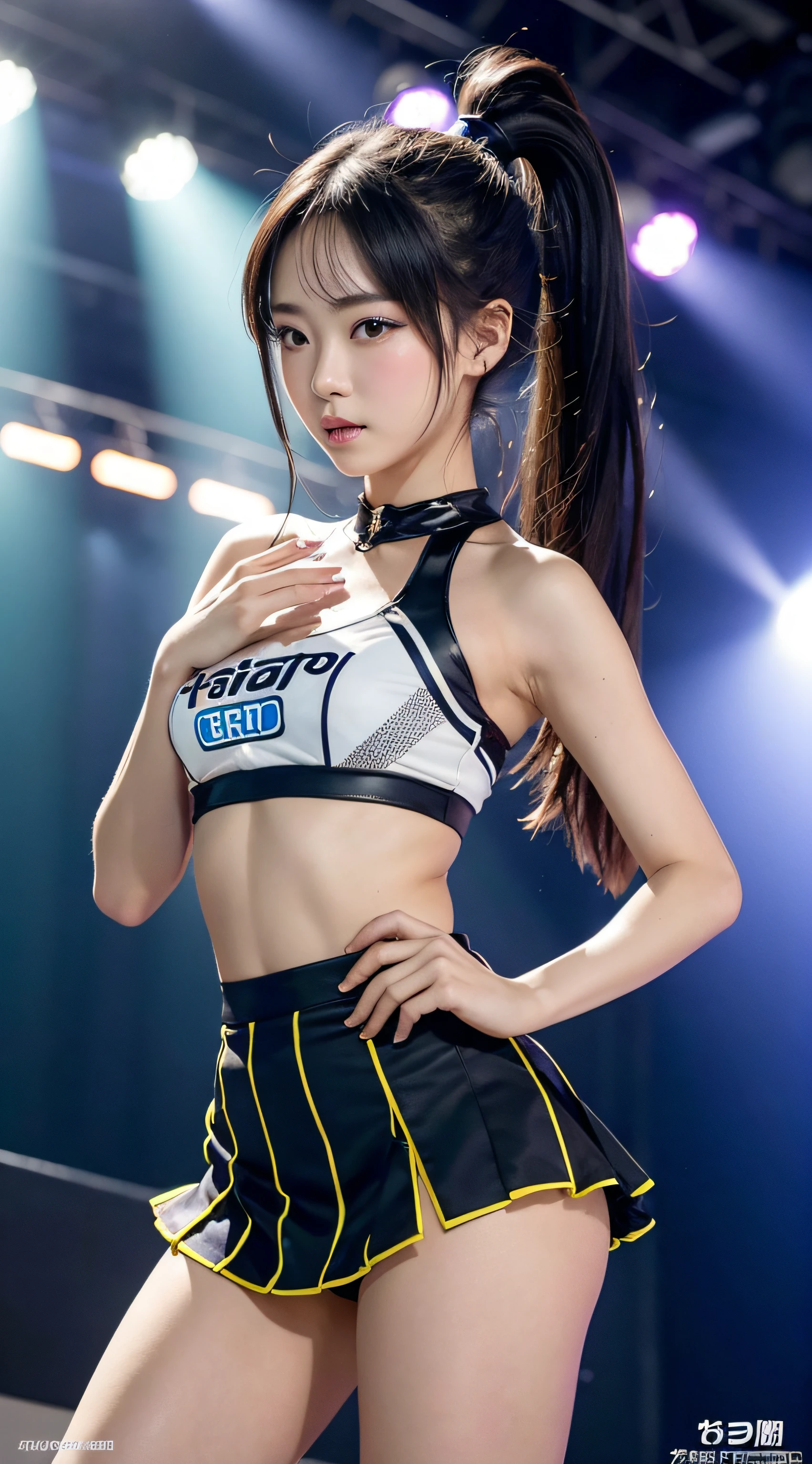 Girl is at the night rave festival、cheerleaders、pleatedskirt、Ponytail Hair、Realistic and beautiful Japan woman、18year old、（round and large chest）、perfectly proportions,The rays from the LED screen and stage are、Create cinematic lighting effects、Make the scene look like a masterpiece。Her skin is perfect and、long hair of light colors,、In addition to the vibrant atmosphere of the festival。The camera focuses on her feet、Contract with rays、Emphasis is placed on。Lens flares and high-resolution textures、Gravure Pose、Spread legs、（Erect ）