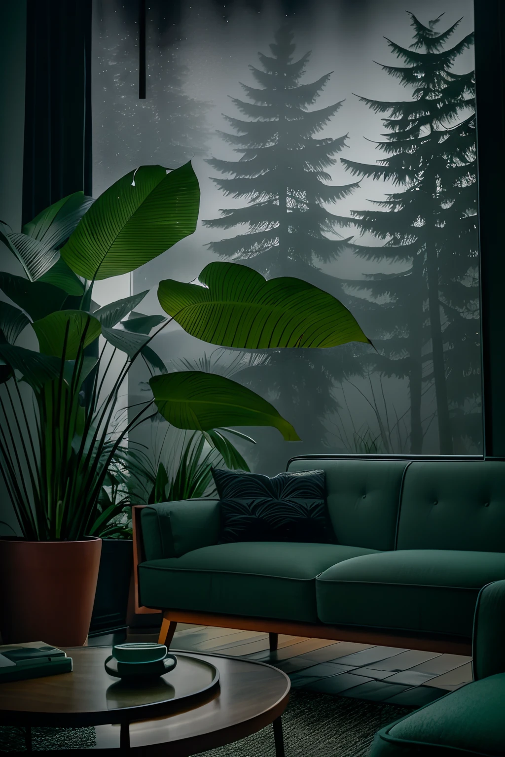 midcentury modern living room dimly lit with dark rainy evening outside, (foggy rainy evening:1.2), pacific northwest, (dim lighting:1.4), (moody lighting:1.2), plants, large plants, rainy, monstera, many plants, (foggy windows:1.2), masterpiece, best quality, twilight hour, (nighttime:1.4), rainy evening, after sunset, dark sky, dark night, dark theme,