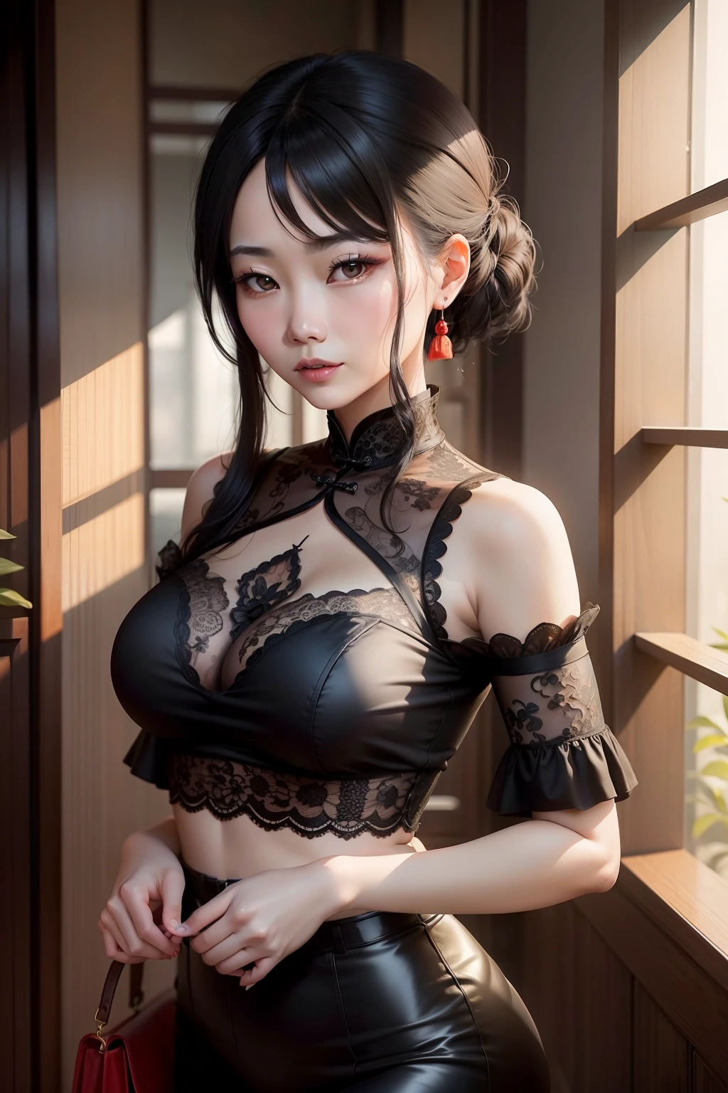 35-year-old Chinese woman wearing a lace top，Has very full breasts，Black hair