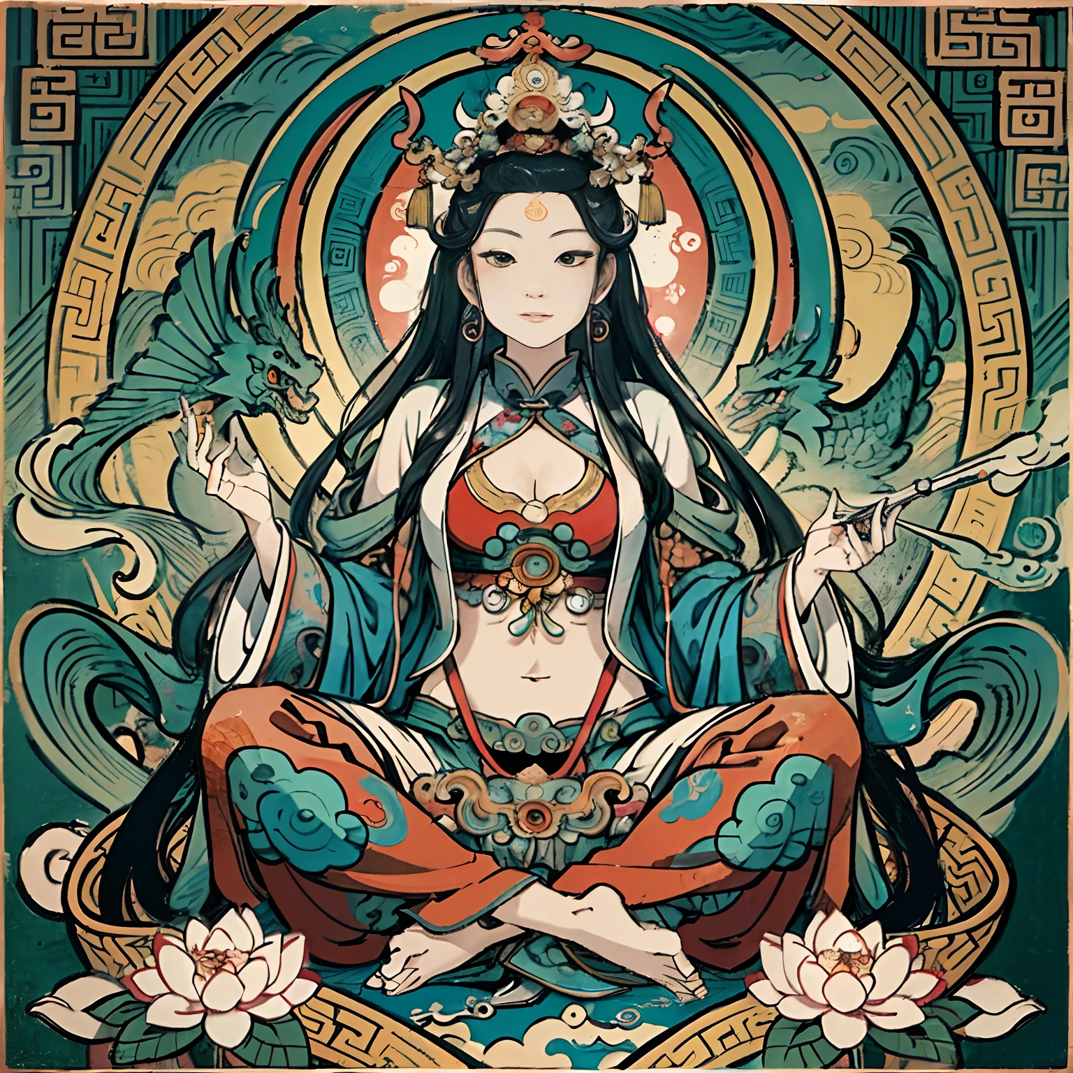 an ancient Chinese goddess, guanyin of the southern seas, Guanyin, Inspired by India, Avalokiteshvara rides a dragon，,Serene expression,shui mo hua,Buddha,Buddhist,Lotus,Chinese painting style,Thangka style