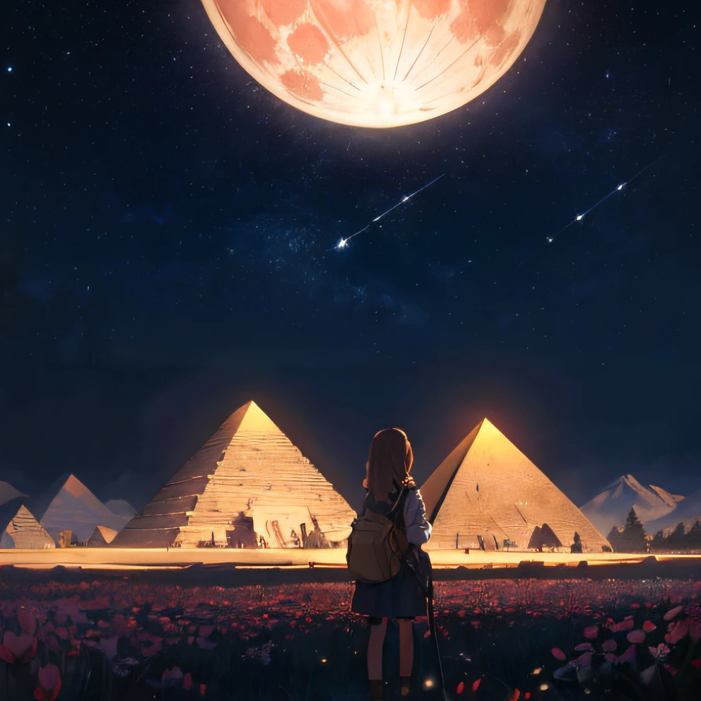 Vast landscape photos、Past awards(View from below with a view of the sky and the wilderness below)、Egyptian girl standing in a flower field and looking up、(fullmoon:1.2)、(shooting stars:0.9)、(nebulas:1.3)、mountain in the distance、Tree BREAK Production Art、intricate detailes、Volume Lighting BREAK、top-quality、4k、ultra-detailliert、Highly detailed and colorful details、(glowing lighting、Atmospheric illumination)、dream-like、Magical、Pyramids