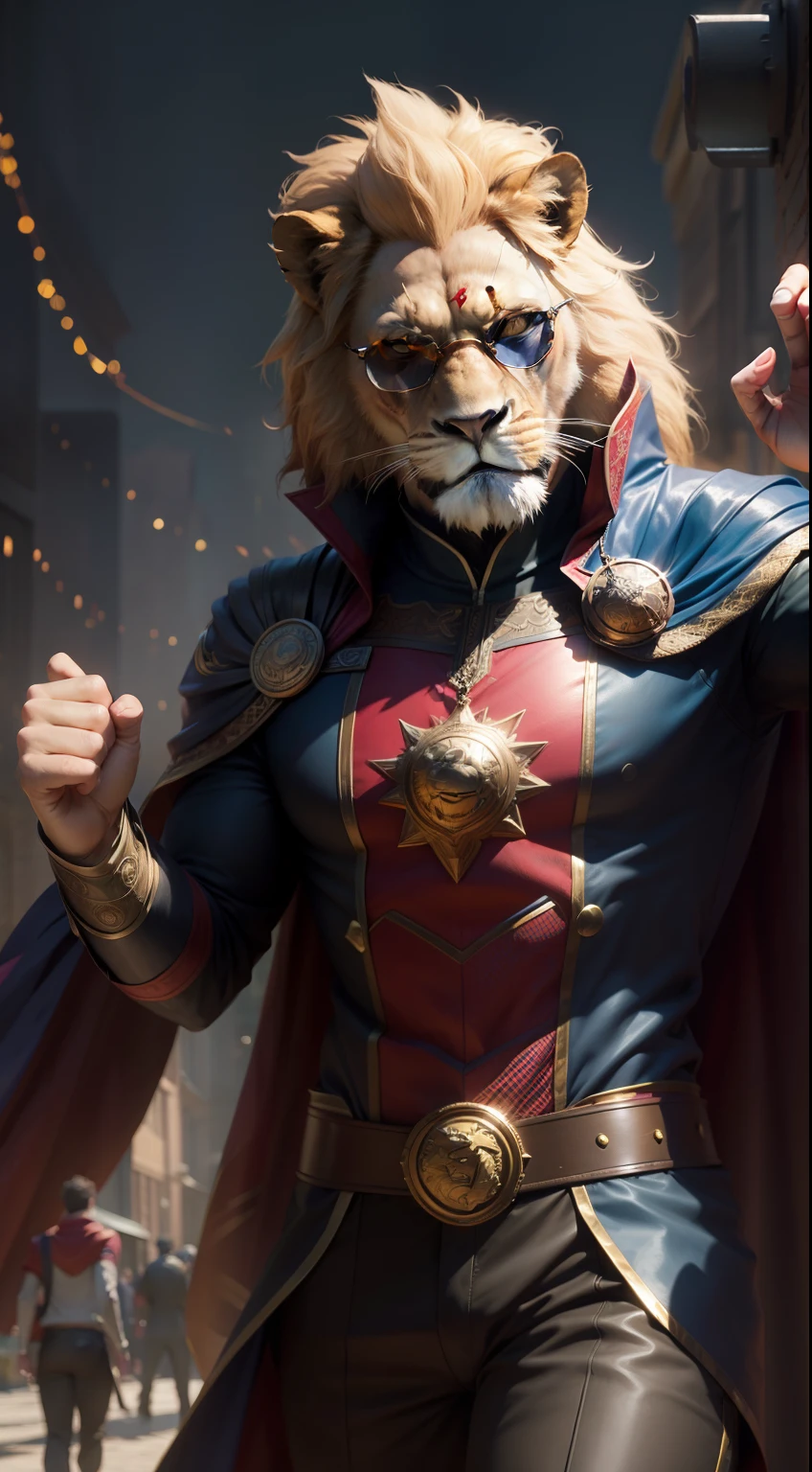 A comical lion dressed as doctor strange,sporting sunglasses, striking a human-like pose.,Hd, accuracy face and body, head of lion