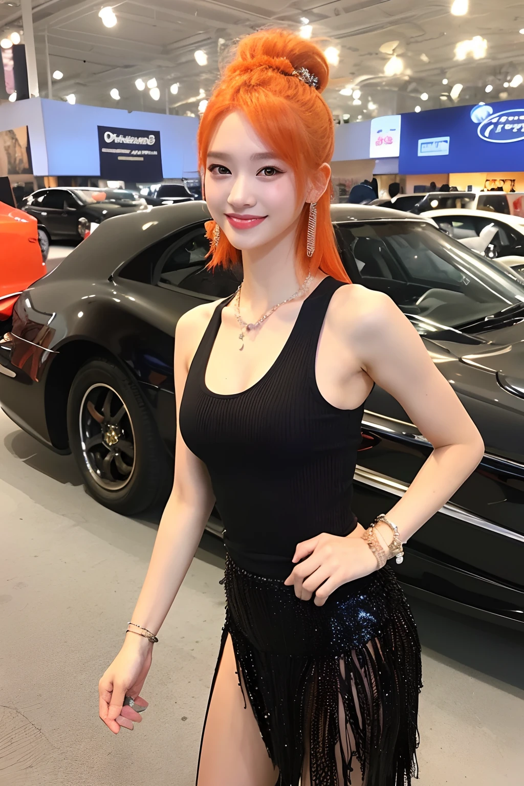 (extra detailed body、extra detailed face、best qualtiy:1.2)、femele、looking at the viewers、(Orange hair fancy hair ornament、15yo student、Outstanding smile、Earrings of shoulder-length bird feathers,、Fancy Necklaces、Bracelets、Tank tops、Split abs、JINS)、(American Car Exhibition Hall:1.4)Pippy Fu