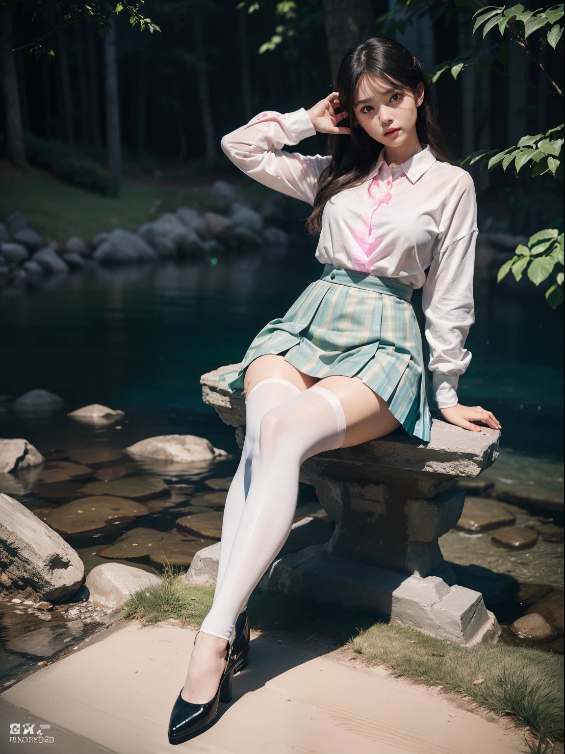 (full body:2),(1girl:1.3),(view the viewer:1.4),(anatomy correct:1.45),(Sitting by the creek, lifting the skirt with both hands:1.35),(very thick printed pantyhose:1.4),(A mature and sensual woman Wear printed fantasy colorful JK student uniform pleated skirt and uniform pointed high-heeled leather shoes :1.35),(A woman with large buttocks, breasts, and a slender waist:1.4), (Light particle effect:1.3),(In pink | amarelo | blue colors| green color |red color | white colors| black in color| purplish color| greys| Beige| Flesh color 1.4),(Glowing eyes:1.3),(Large amplitude action: 1.3),(Accurate and perfect face:1.4),hyper HD, Ray traching, reflective light,structurally correct, Award-Awarded, high detail, lighten shade contrast, Face lighting,cinmatic lighting, tmasterpiece, super detailing, high quality, high detail, best quality, 16k,High contrast,