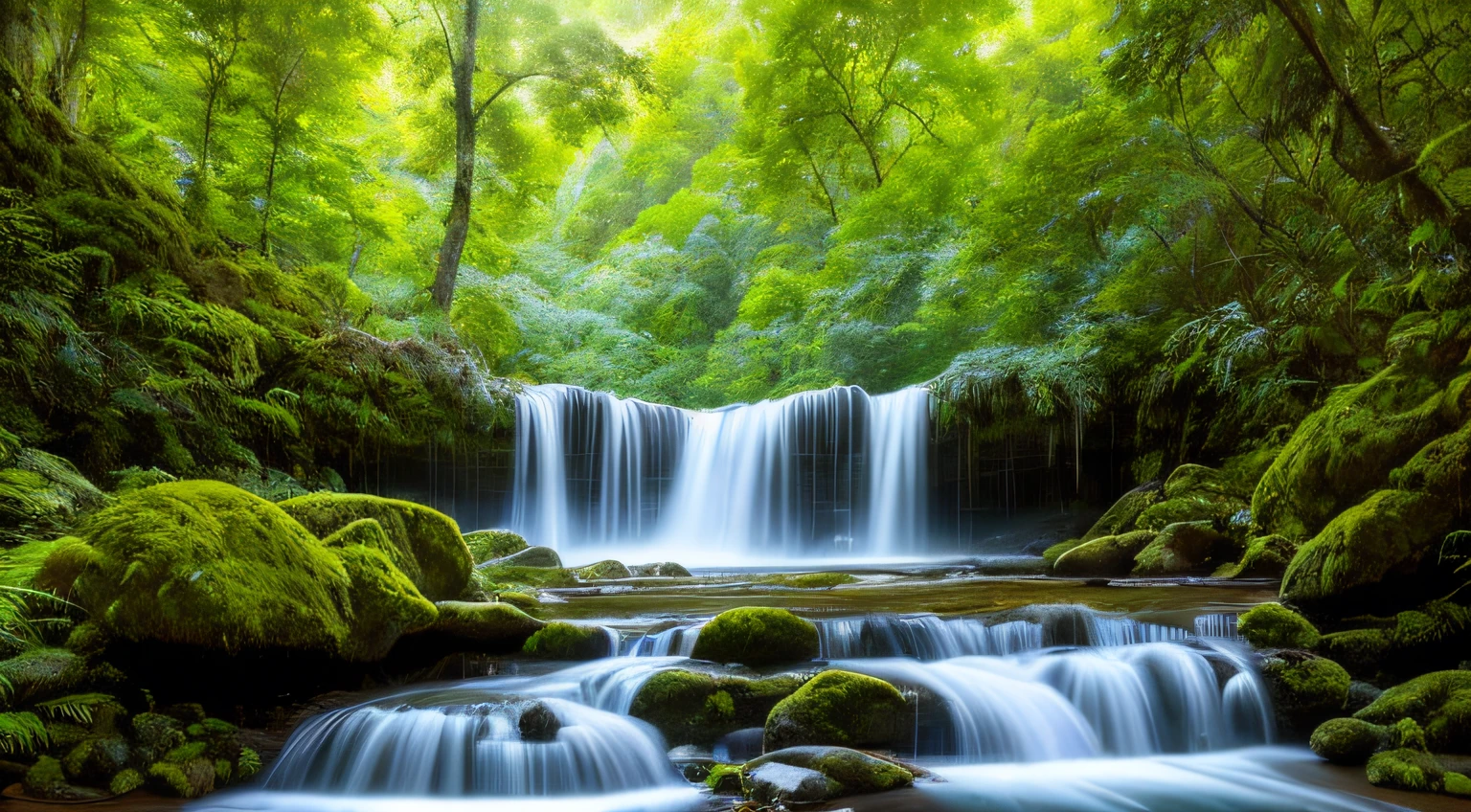 In the heart of the forest, a jubilant waterfall erupts with vigor. Crystalline waters fall from imposing heights, forming a liquid curtain that refreshes the air. The surrounding vegetation is lush with vibrant plants and tall trees. Sunbeams find space between the leaves, creating patches of light that dance on the water. The sound of the waterfall is a natural symphony, while the air is filled with the scent of damp earth. The scene invites you to connect with nature and find inspiration in the strength and beauty of life that flows.