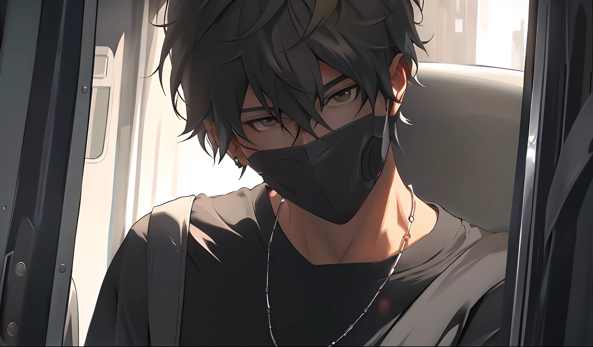 Anime boy with black hair and black mask sitting in a car, Male anime style, Guviz-style artwork, young anime man, Wearing an all-black door wave mask, style of anime4 K, Anime style. 8K, Badass anime 8 K, male anime character, clean and meticulous anime style, High Quality Anime Art Style, Style anime