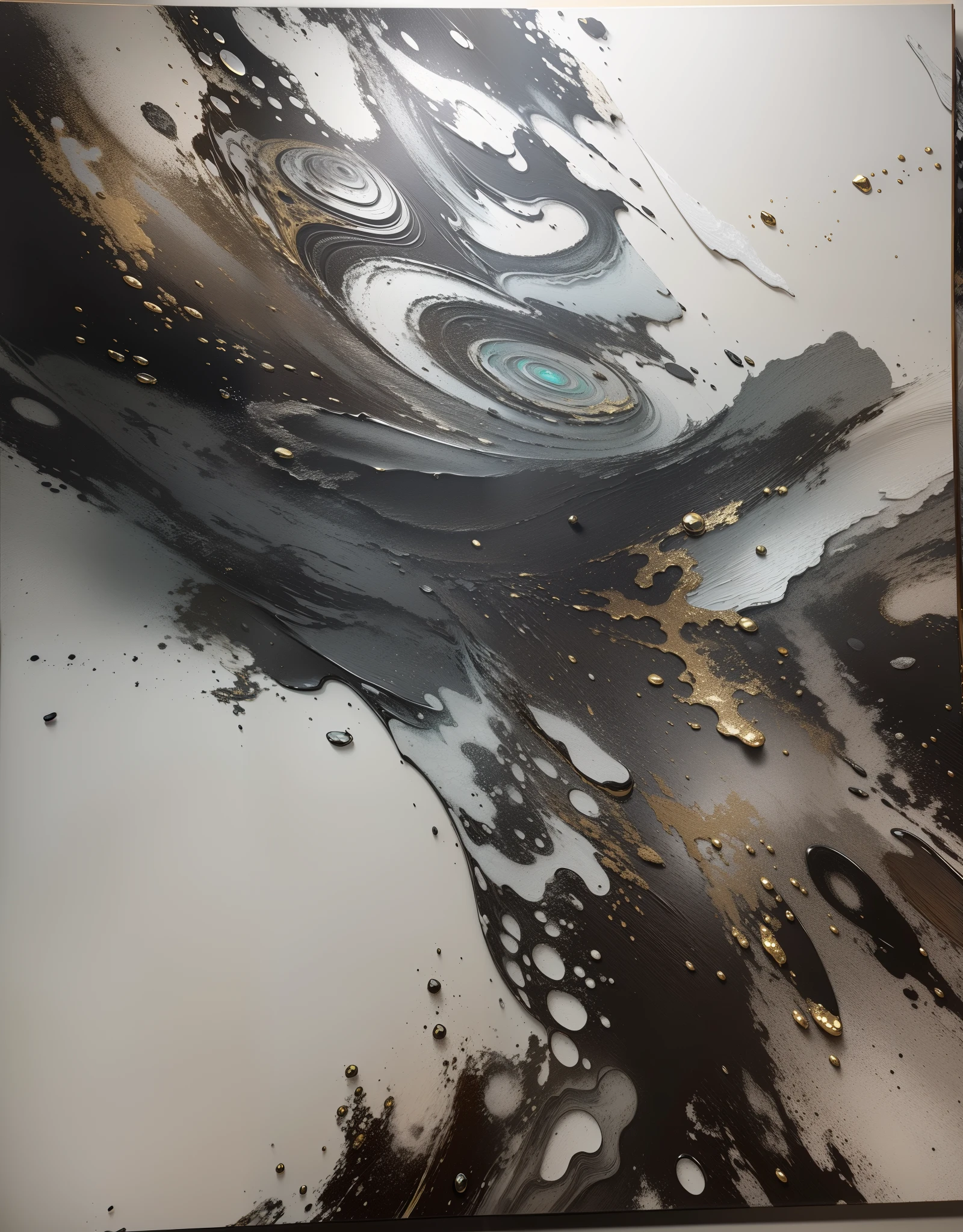 Oil painting texture，grain sense，Oil painting in acrylic，Three-dimensional feeling，Chinese black and white style abstract painting，Black charcoal，gold foil，Leave white space，Abstract stream of consciousness，Three-dimensional feeling，World Masterpieces，Splash ink，metallic  luster，Jade texture，Ultra-avant-garde style