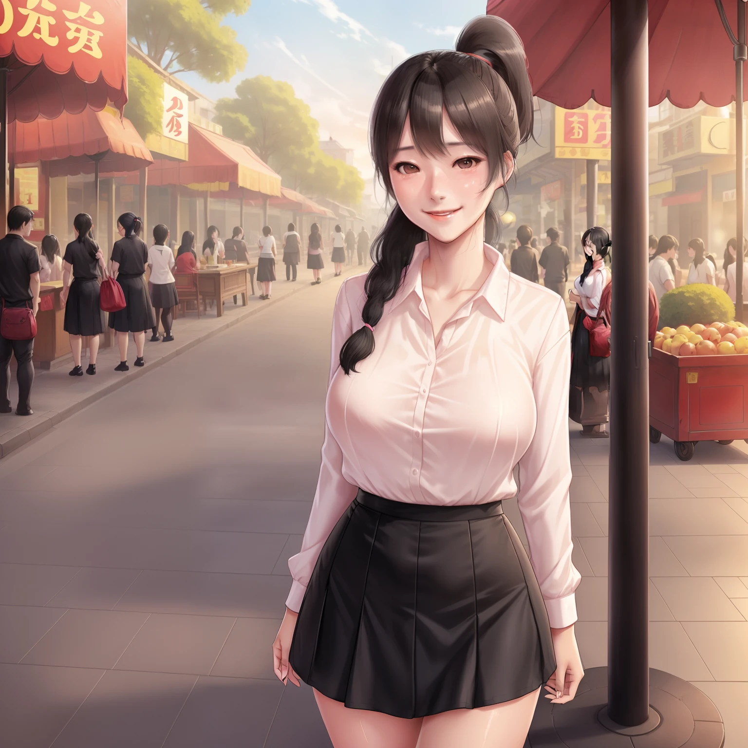 1girl,he tall,short ponytail wet black hair,super big breast,(P cup),,happy and smile very detailed face,long chinese shirt and skirt outfit,full body,red peach lips,her nose and cheek was red,in city street