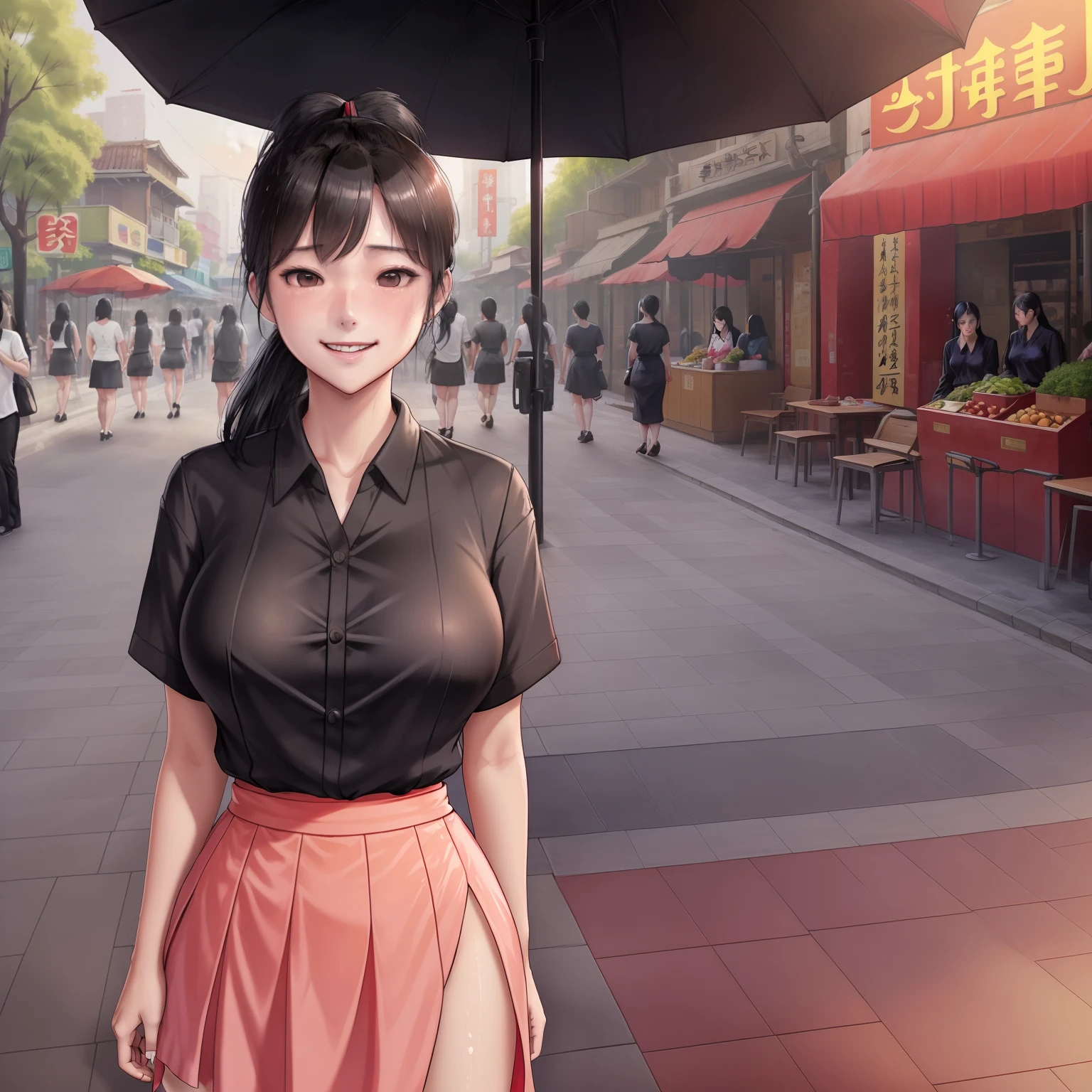 1girl,he tall,short ponytail wet black hair,super big breast,(P cup),age 17,happy and smile very detailed face,long chinese shirt and skirt outfit,full body,red peach lips,her nose and cheek was red,in city street