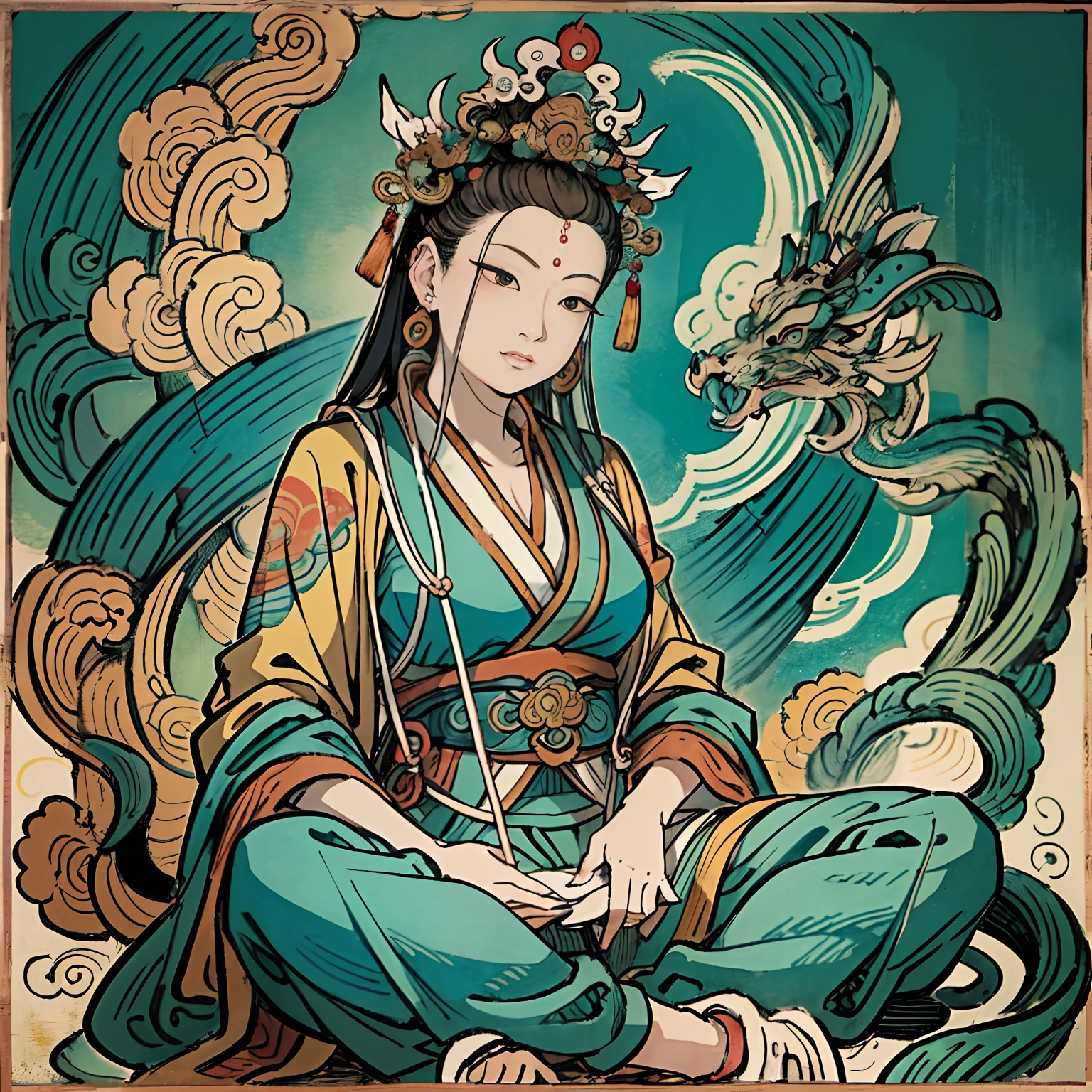 an ancient Chinese goddess, guanyin of the southern seas, Guanyin, Inspired by India, Avalokiteshvara rides a tiger,,Serene expression,shui mo hua,Buddha,Buddhist,Lotus,Chinese painting style,Thangka style