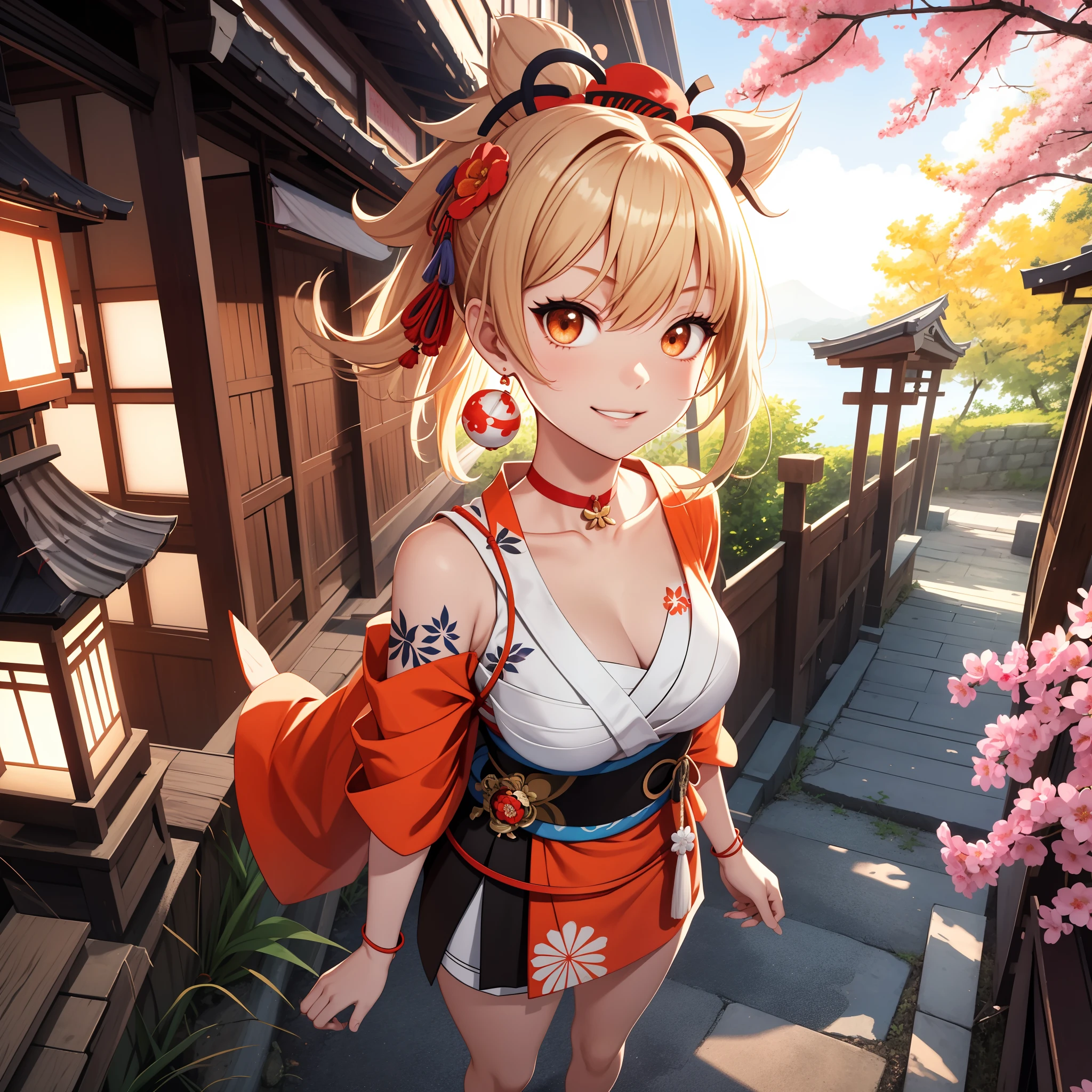 Masterpiece, Best quality, A high resolution, 1girll,(head portrait:1.5),Headshot,Portrait photo, (standing on your feet:1.4),Close-up shot,Blonde hair, Medium hair, Asymmetrical hair, Floating hair, hair between eye, High ponytail, side locks, hair adornments, fish hair ornament, nipple tassels, kanzashi, bangs, Orange eyes, Open mouth, Smile, teeth, Upper teeth only, choker necklace, Red necklace, pendant choker, butterfly choker, 鎖骨, tattoo, chest tattoo, flower tattoo, cleavage, Medium breasts, Thighs, Bandages, bandaged leg, Arashi, Budget Arashi, Chest sarashi, black sash, hadanugi dousa, houkisei, Japanese clothes, komono, Kinchaku, Obi, Obiage, obijime, orange kimono, pouch, print kimono, Cord, sash, shimenawa, Short kimono, Single bare shoulder, visions (Genshin Impact), east asian architecture, Cherry blossoms, Single glove, Single fingerless gloves, arms cuffs, Sitting, Legs together,