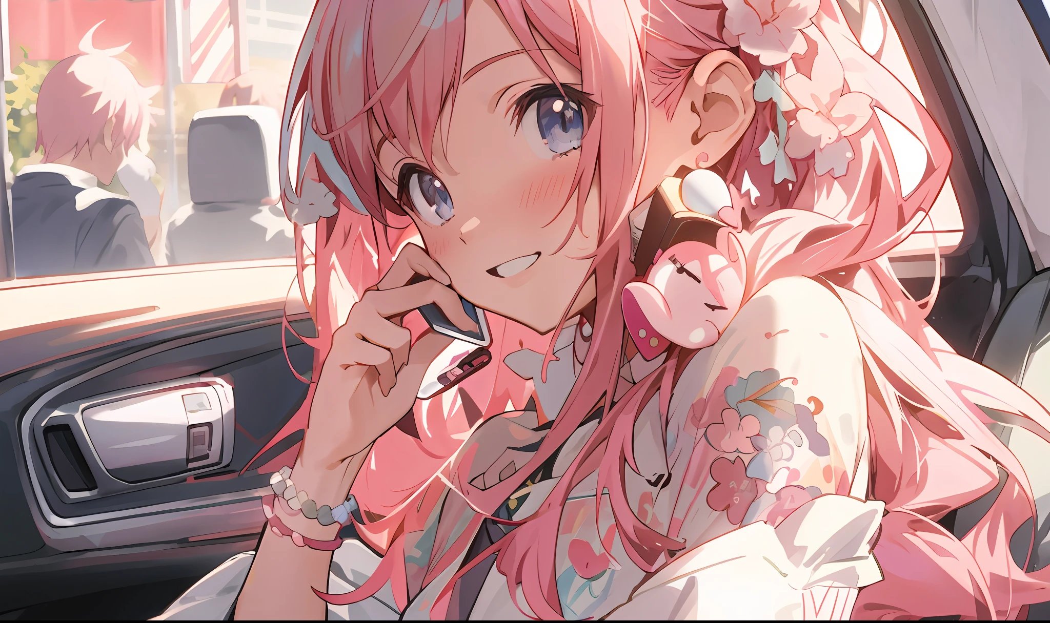 Anime girl sitting in car with pink hair holding cell phone, anime visual of a cute girl, Cute anime girl, style of anime4 K, Beautiful anime girl, a beautiful anime portrait, Best anime 4k konachan wallpaper, clean and meticulous anime art, cute anime girl portraits, pretty anime girl, Detailed digital anime art, attractive anime girls, Anime art wallpaper 4 K