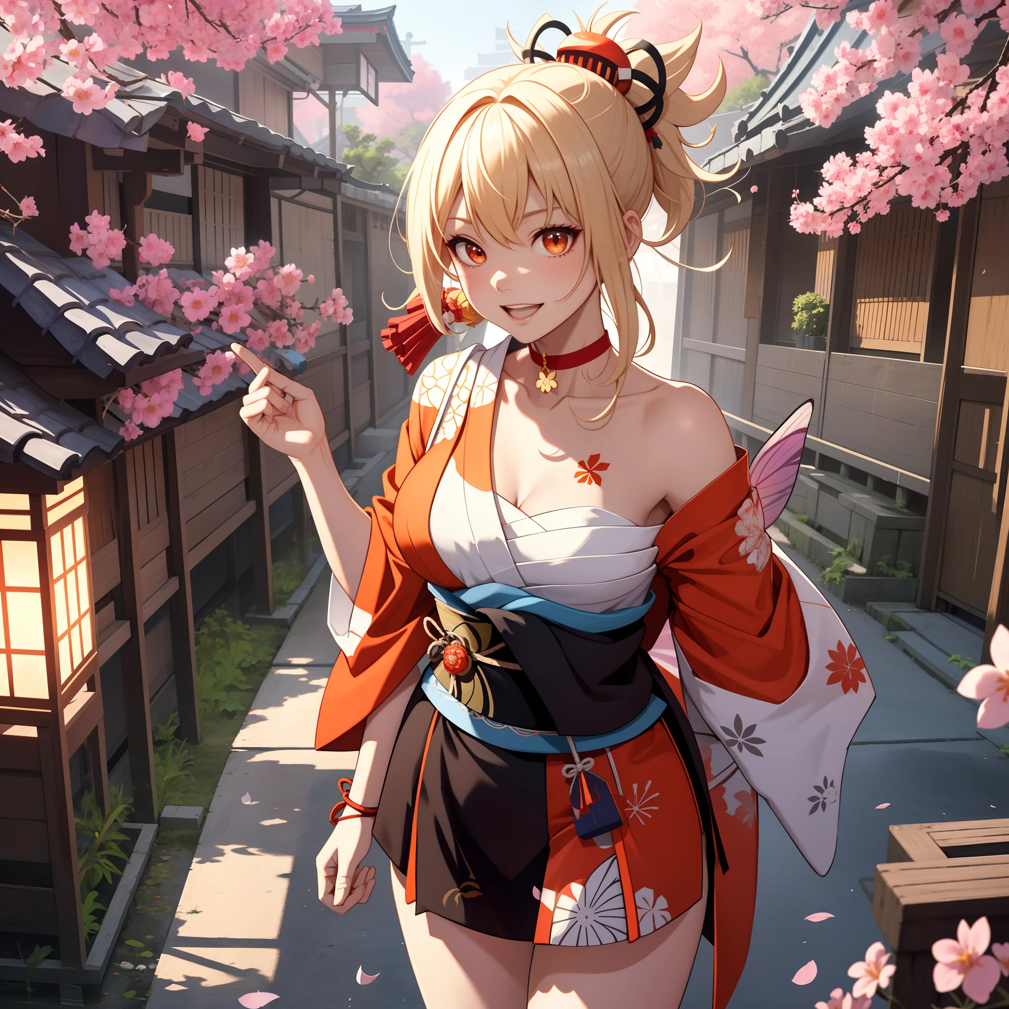Masterpiece, Best quality, A high resolution, 1girll,(head portrait:1.5),Headshot,Portrait photo, (standing on your feet:1.4),Close-up shot,Blonde hair, Medium hair, Asymmetrical hair, Floating hair, hair between eye, High ponytail, side locks, hair adornments, fish hair ornament, nipple tassels, kanzashi, bangs, Orange eyes, Open mouth, Smile, teeth, Upper teeth only, choker necklace, Red necklace, pendant choker, butterfly choker, 鎖骨, tattoo, chest tattoo, flower tattoo, cleavage, Medium breasts, Thighs, Bandages, bandaged leg, Arashi, Budget Arashi, Chest sarashi, black sash, hadanugi dousa, houkisei, Japanese clothes, komono, Kinchaku, Obi, Obiage, obijime, orange kimono, pouch, print kimono, Cord, sash, shimenawa, Short kimono, Single bare shoulder, visions (Genshin Impact), east asian architecture, Cherry blossoms, Single glove, Single fingerless gloves, arms cuffs, Sitting, Legs together,