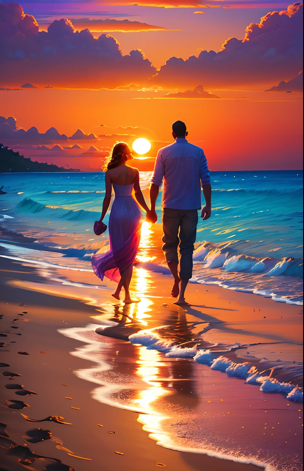 Picture of walking on the beach, husband and wife、Watching the sunset, at beach at sunset, at the sunset, The Art of a Endless Summer, In the sunset, at the beach on a sunset, on the beach during sunset, sunset at the beach, sunset at the beach, sunset glow, Romantic painting, Gazing at the Sunset, evening glow