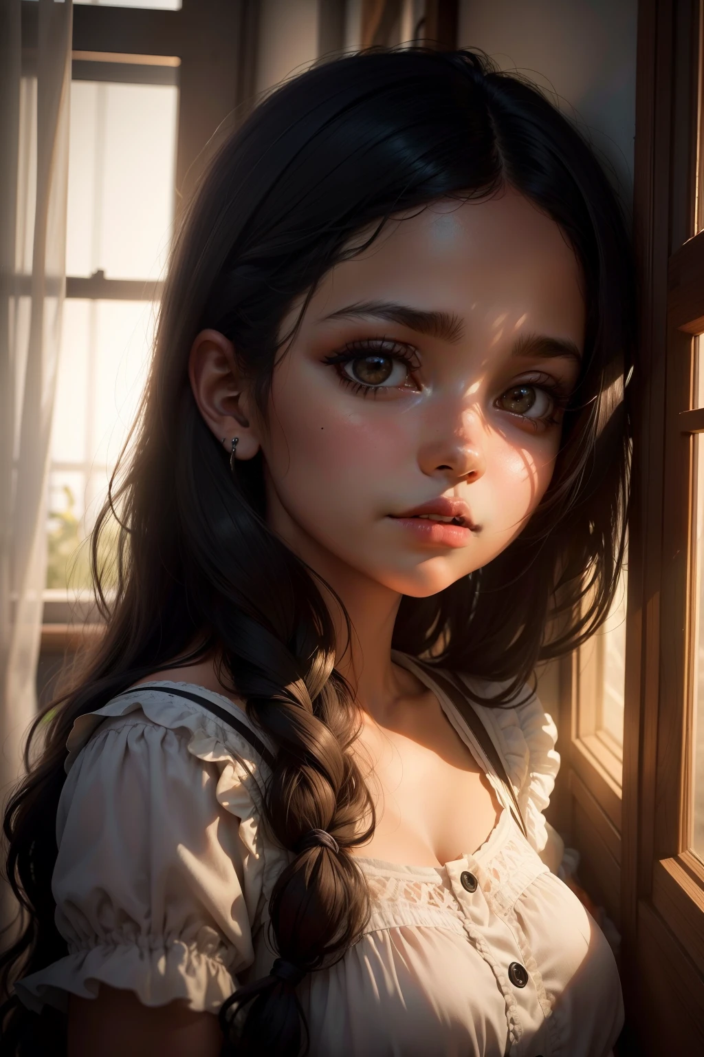 Girl with light eyes and long hair, with a sad appearance in an old house and poorly dressed real person --auto --s2