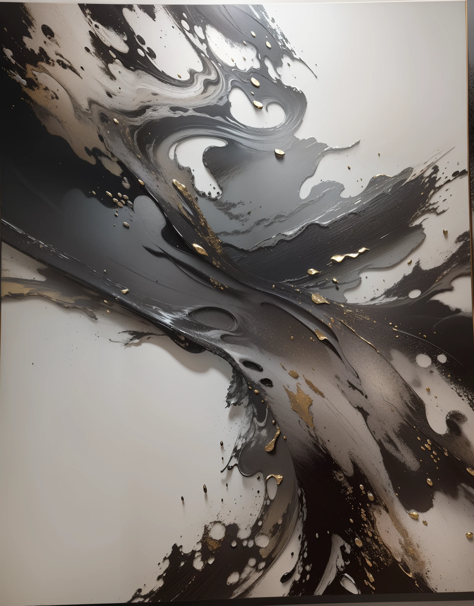 Oil painting texture,grain sense,Oil painting in acrylic,Three-dimensional feeling,Chinese black and white style abstract painting,Black charcoal,gold foil,Leave white space,Abstract stream of consciousness,Three-dimensional feeling,World Masterpieces,Splash ink,metallic luster,Jade texture,Ultra-avant-garde style