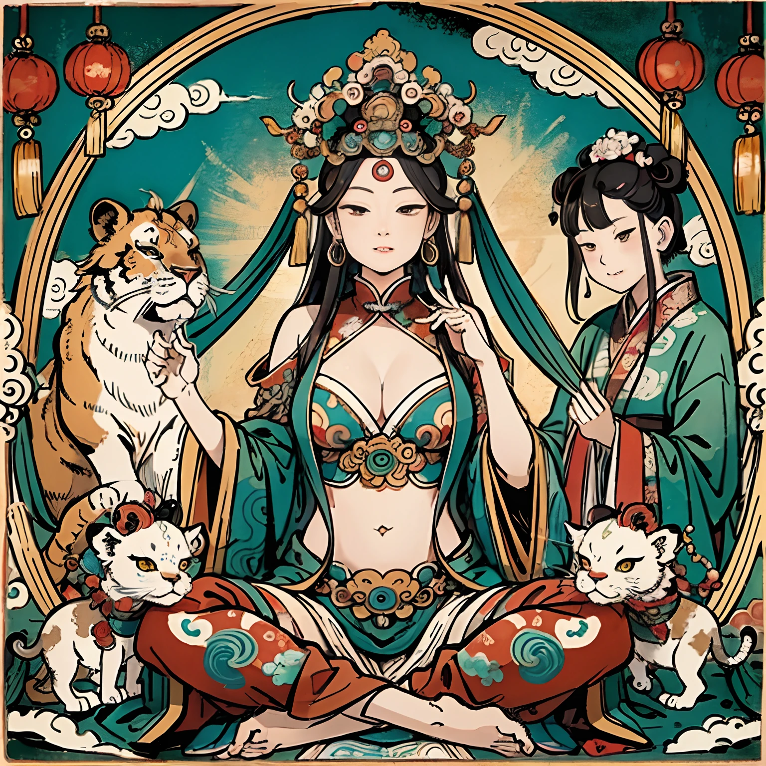 an ancient Chinese goddess, guanyin of the southern seas, Guanyin, Inspired by India, Avalokiteshvara rides a lion,,Serene expression,shui mo hua,Buddha,Buddhist,Lotus,Chinese painting style,Thangka style