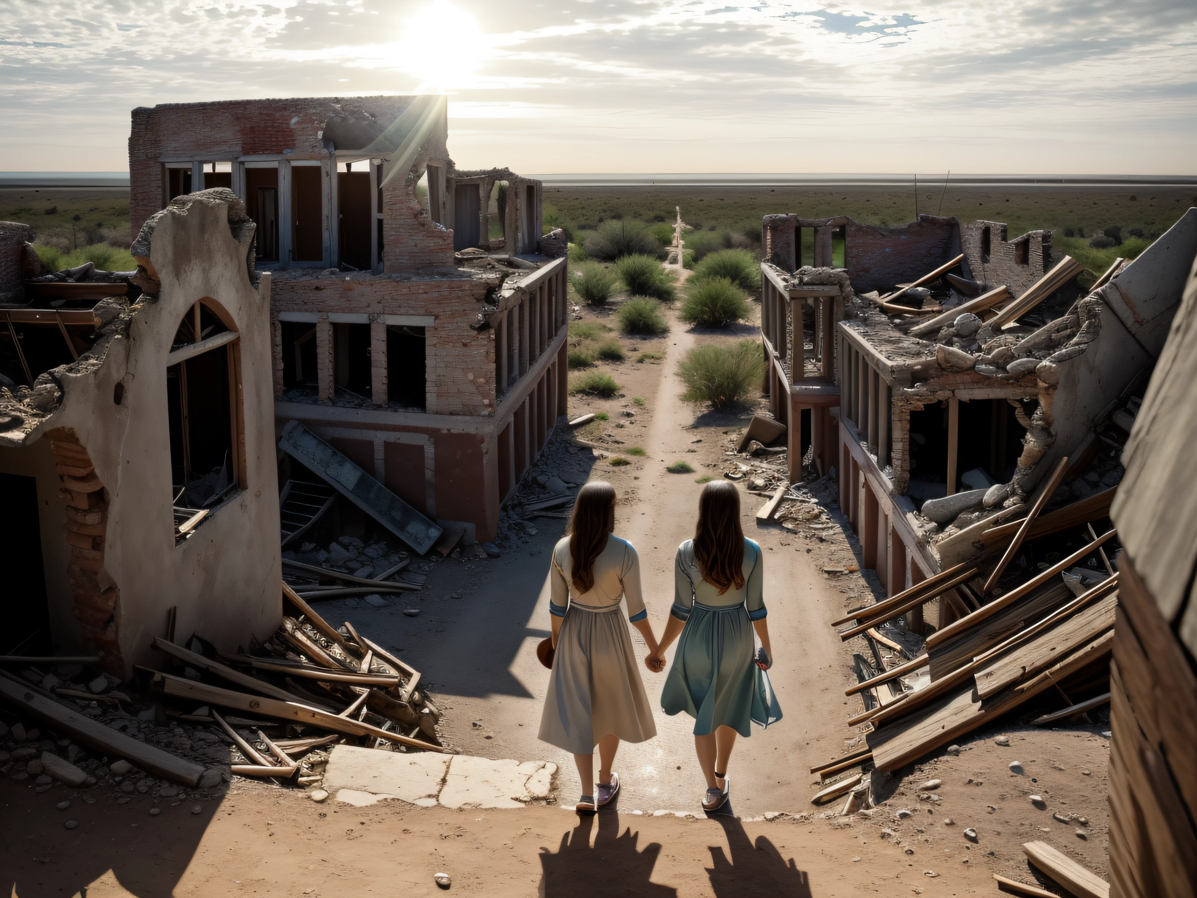 Full body shot of two sisters standing in the middle of an abandoned city, surrounded by ruins, under a breathtaking sunset. Captured with a Nikon D850 DSLR camera and a versatile 24-70mm f/2.8 lens, the image showcases the sisters' silhouettes against the vibrant hues of the setting sun. The hyper-realistic details, highly detailed textures, and high-resolution 16K output highlight the cracked walls and decaying architecture, creating a sense of desolation and melancholy. The warm, golden lighting accentuates the sisters' bond, emphasizing their resilience amidst the crumbling environment. Color-wise, the shot features earthy tones with subtle pops of warm oranges and deep blues, adding depth and dimension to the scene.