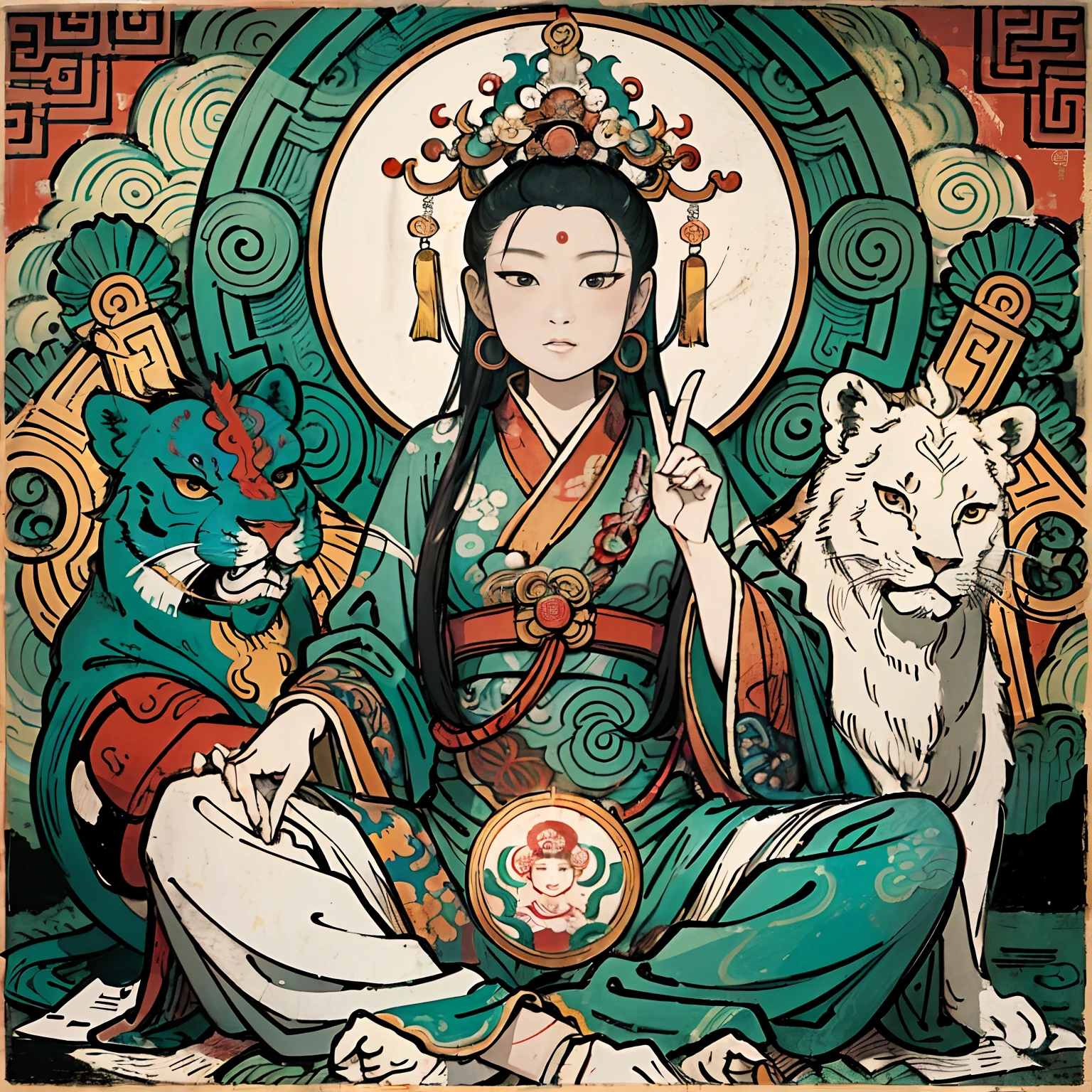 an ancient Chinese goddess, guanyin of the southern seas, Guanyin, Inspired by India, Avalokiteshvara rides a lion,,Serene expression,shui mo hua,Buddha,Buddhist,Lotus,Chinese painting style,Thangka style