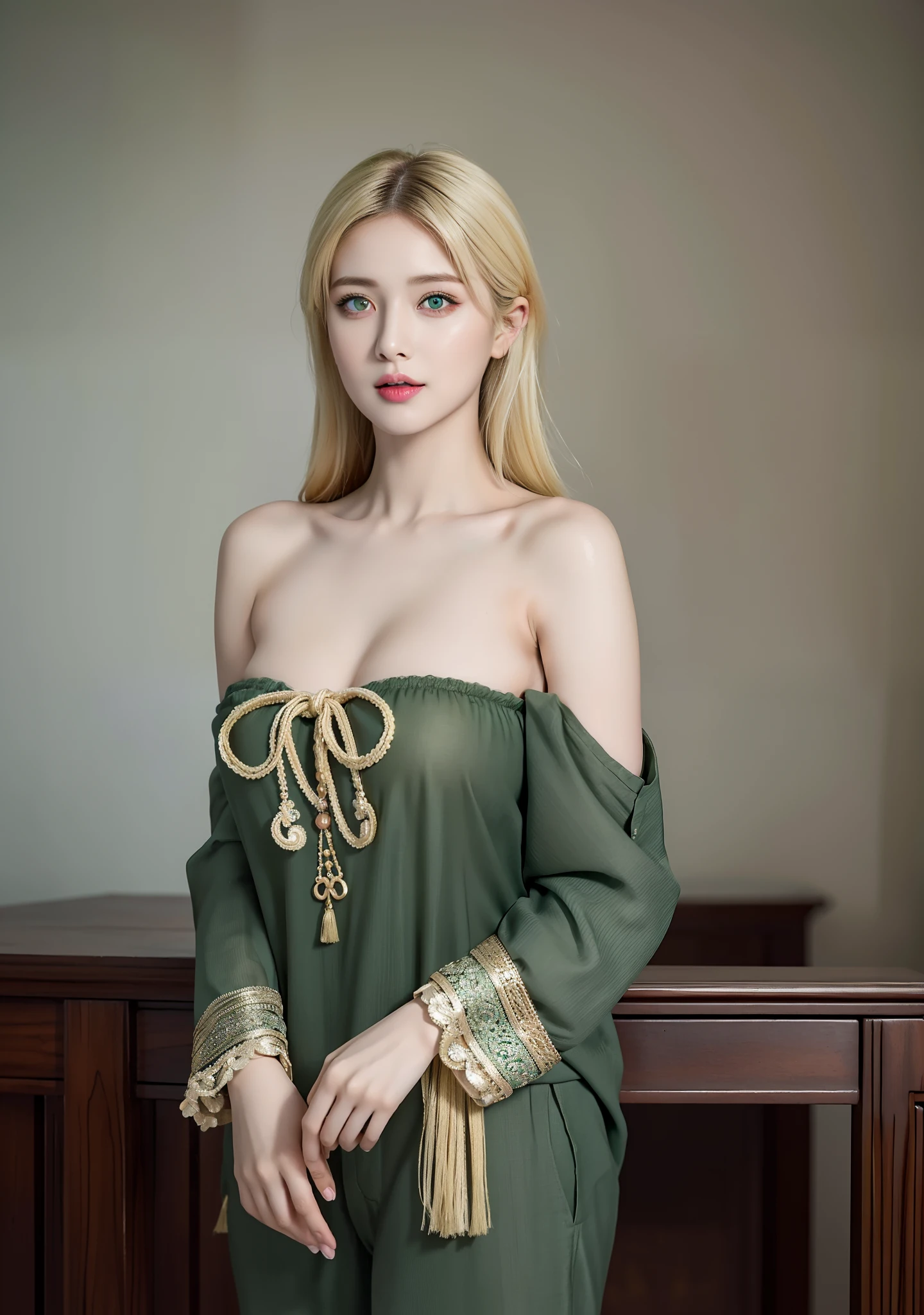 Masterpiece, Best Quality, Extremely Detailed 8k, Ultra HD, Ultra-detailed, Highly Detailed, Ultra High Realistic, Ultra-realistic, Hyperrealistic, Hyperrealism, (1girl:1.5), (Solo:1.5), Anatomically Correct, (Detailed Realistic Skin Texture), (Realistic Big Breasts:1.25), Slender Abs, (Closed Mouth:1.3), Nsfw, Dynamic Pose, (Beautiful Cute Pakistani Woman:1.55), (upon body from head to thigh:1.35), (blonde hair:1.35), (green eyes:1.35), thai slave clothes, (dark brown thai slave pants), (thai slave strapless shirt),