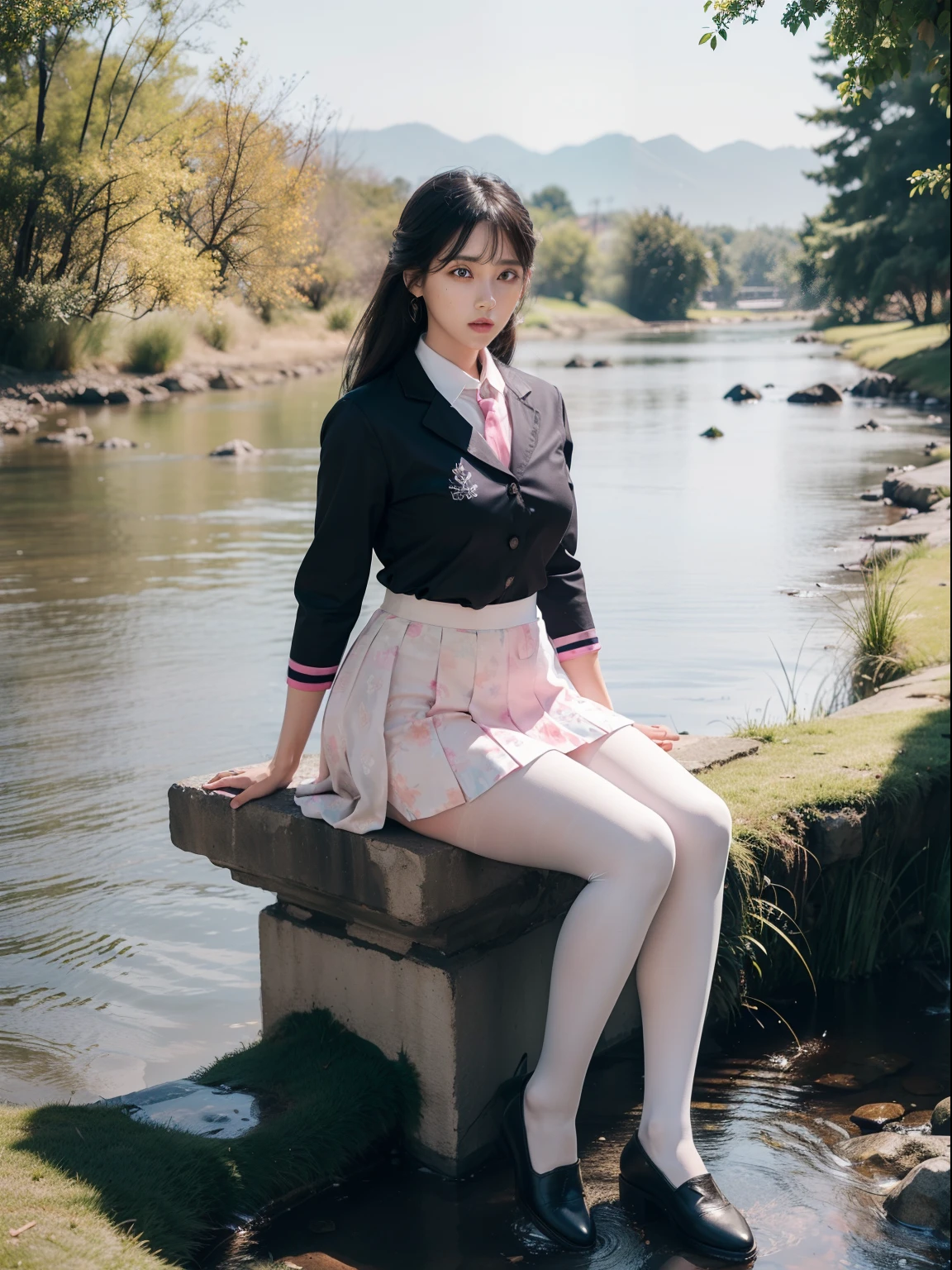 (full body:2)，(1girl:1.3),(view the viewer:1.4)，(anatomy correct:1.45),(Sitting by the creek, lifting the skirt with both hands:1.35),(very thick colorful printed pantyhose:1.4),(A mature and sensual woman Wear printed fantasy colorful JK student uniform pleated skirt and uniform pointed high-heeled leather shoes :1.35)，(A woman with large buttocks, breasts, and a slender waist:1.4), (Light particle effect:1.3),(In pink | amarelo | blue colors| green color |red color | white colors| black in color| purplish color| greys| Beige| Flesh color 1.4)，(Glowing eyes:1.3),(Large amplitude action: 1.3)，(Accurate and perfect face:1.4),hyper HD, Ray traching, reflective light，structurally correct, Award-Awarded, high detail, lighten shade contrast, Face lighting，cinmatic lighting, tmasterpiece, super detailing, high quality, high detail, best quality, 16k，High contrast,