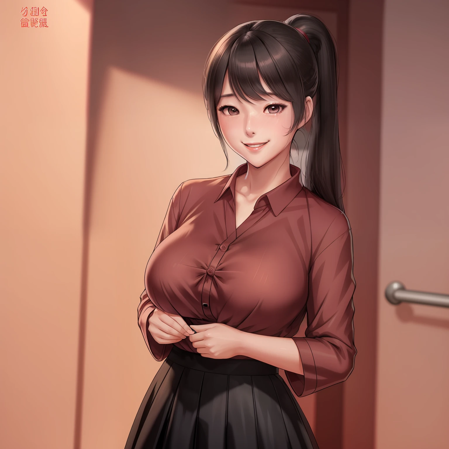 1girl,he tall,short ponytail wet black hair,super big breast,(P cup),age 17,happy and smile very detailed face,long chinese shirt and skirt outfit,full body,red peach lips,her nose and cheek was red,in riverside