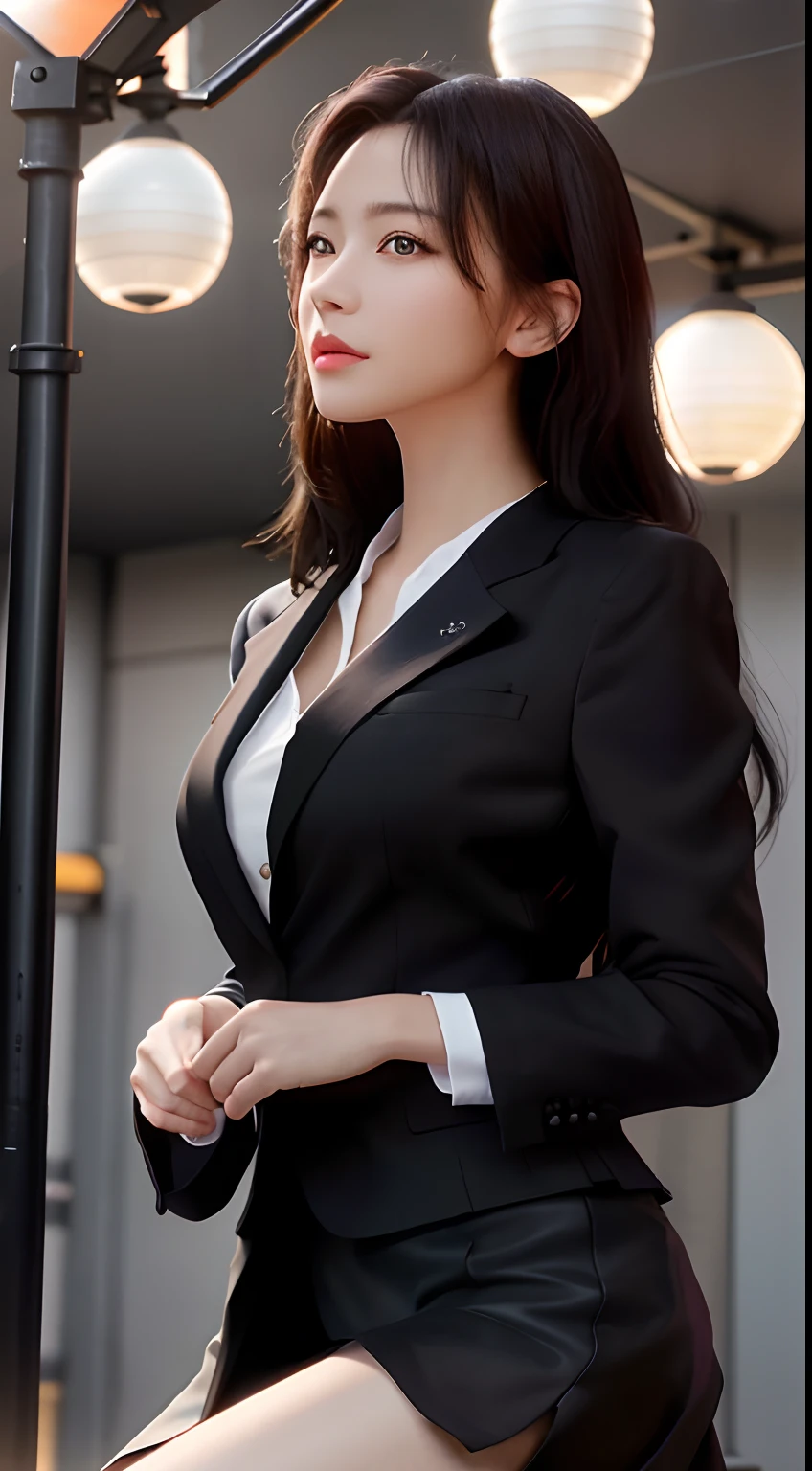 masterpiece, disdain ,black eyes,blonde hair, (small girl), ,small breasts, medium long hair, necklace,  pencil Skirt ,business suit , collared shirt ,earrings, ((skirt lift by myself ,showing panties)),white panty,office,crowd,34 years old