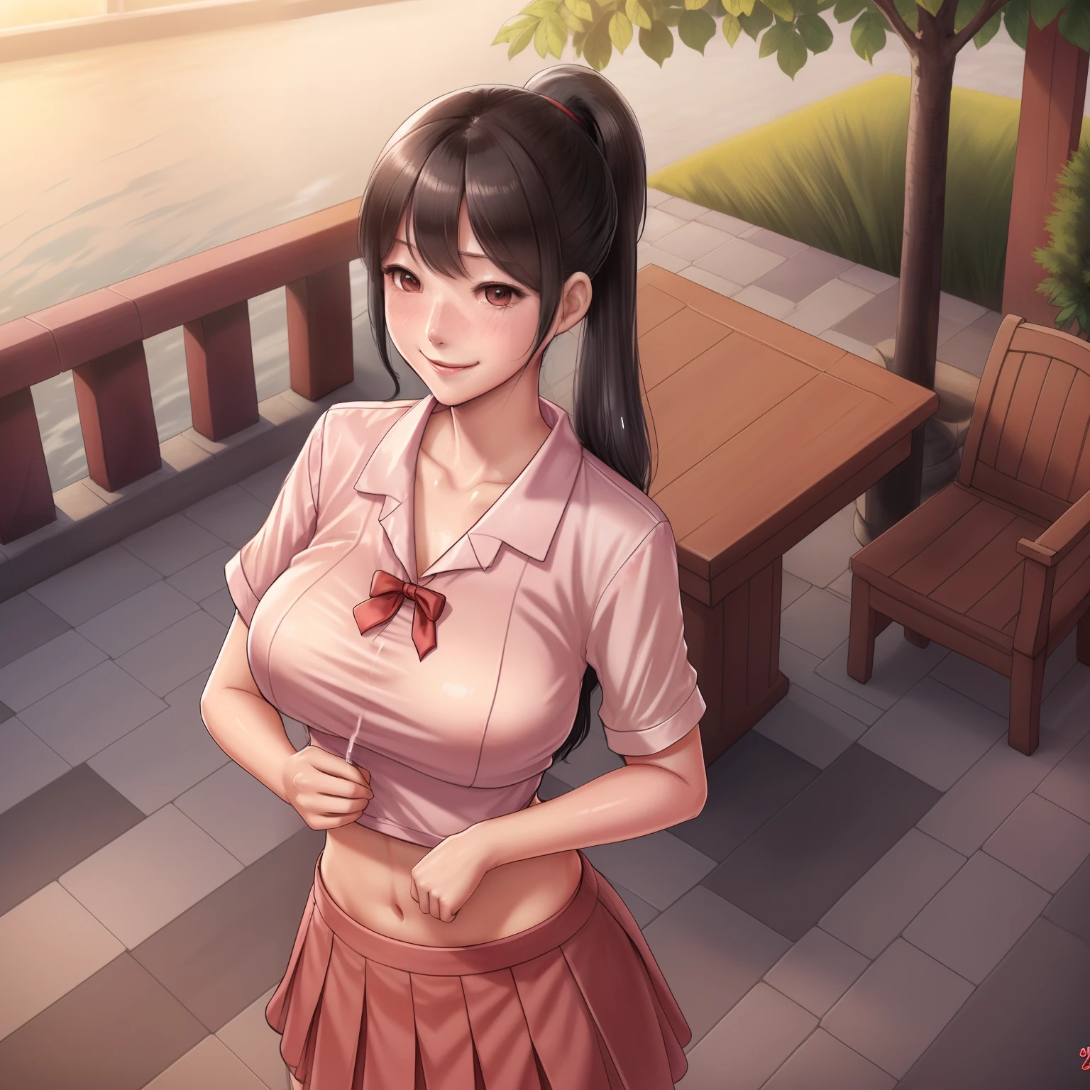 1girl,he tall,short ponytail wet black hair,super big breast,(P cup),,happy and smile very detailed face,long chinese shirt and skirt outfit,full body,red peach lips,her nose and cheek was red,in riverside