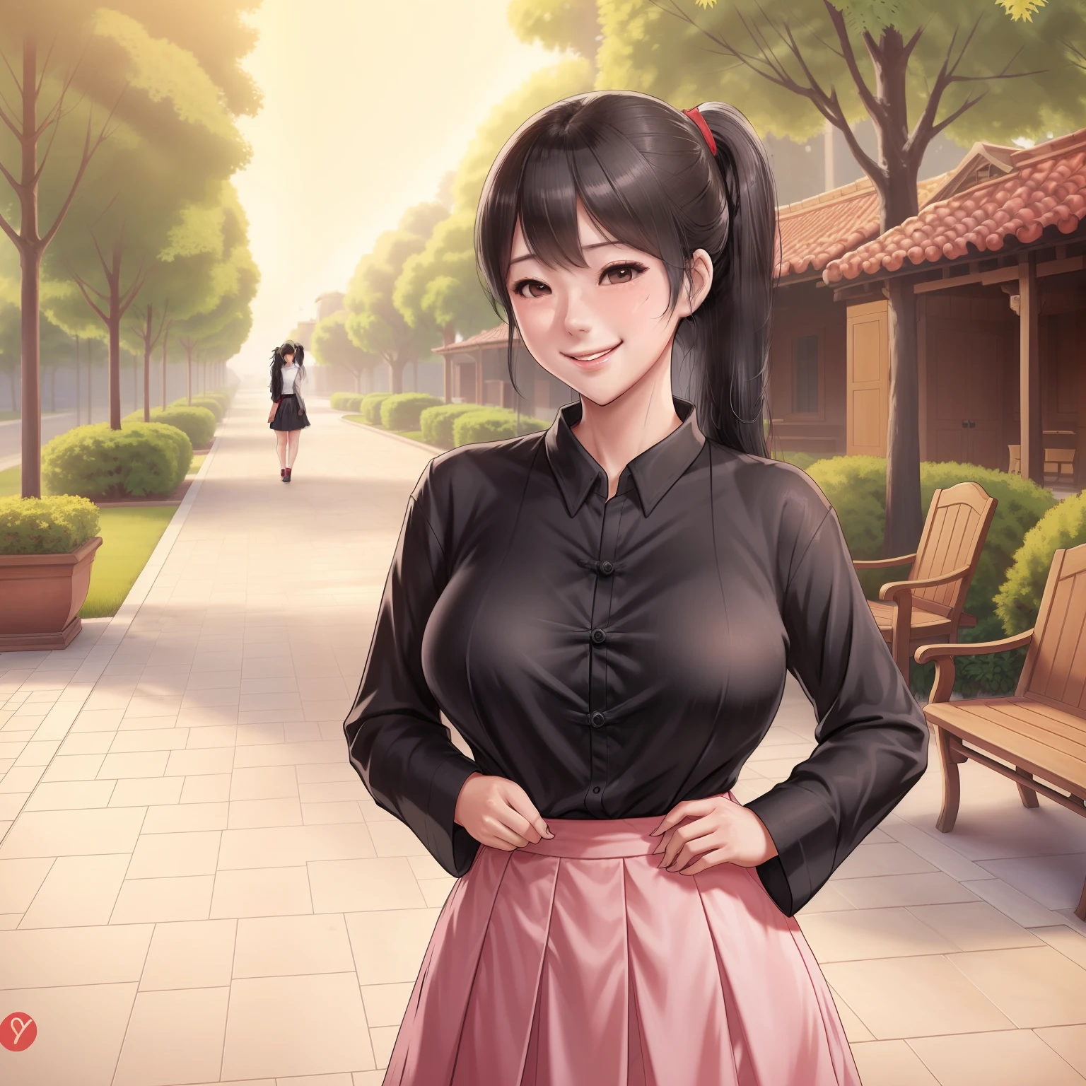 1girl,he tall,short ponytail wet black hair,super big breast,(P cup),,happy and smile very detailed face,long chinese shirt and skirt outfit,full body,red peach lips,her nose and cheek was red,in riverside