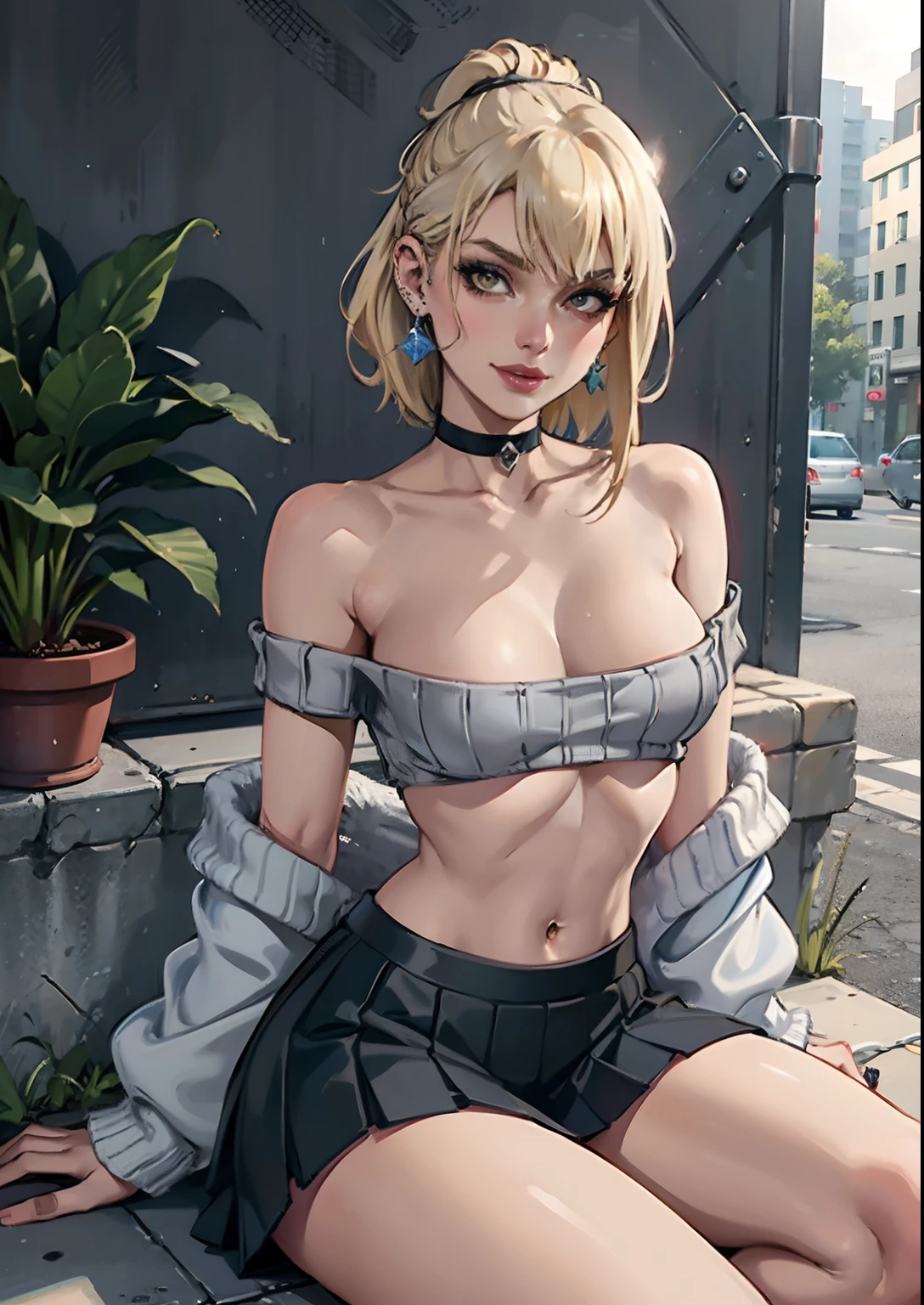 1girl, bangs, black_choker, blonde_hair, blue_skirt, bush, choker, collarbone, day, earrings, flower, jewelry, lips, looking_at_viewer, outdoors, plant, pleated_skirt, potted_plant, road,shirt, short_hair, short_sleeves, sitting, skirt, smile, solo, stairs,skimpy outfit,legs up,lewd pose,crop top(naval ring piercing)(bellybutton silver piercing)(yellow blonde hair)(blonde loose hair)(small perky boobs)(off-shoulder sweater over crop top)(off shoulder loose sweater overcoat)