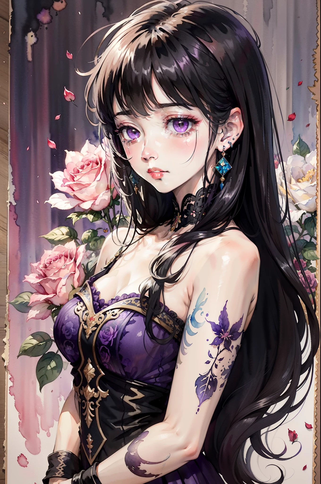 (Watercolor: 1.3), (Watercolor), Ink, A Beautiful Girl, Solo, Rose Flowers of Multiple Colors, Portrait, Leaves, Bangs, Black Hair, Long Hair, Purple Eyes, Flower Earrings, (Crying), Full Body Portrait, 4K Resolution, High Resolution, Ultra High Resolution, Epic Shooting, Detailed, Accurate, Detailed, (Masterpiece)