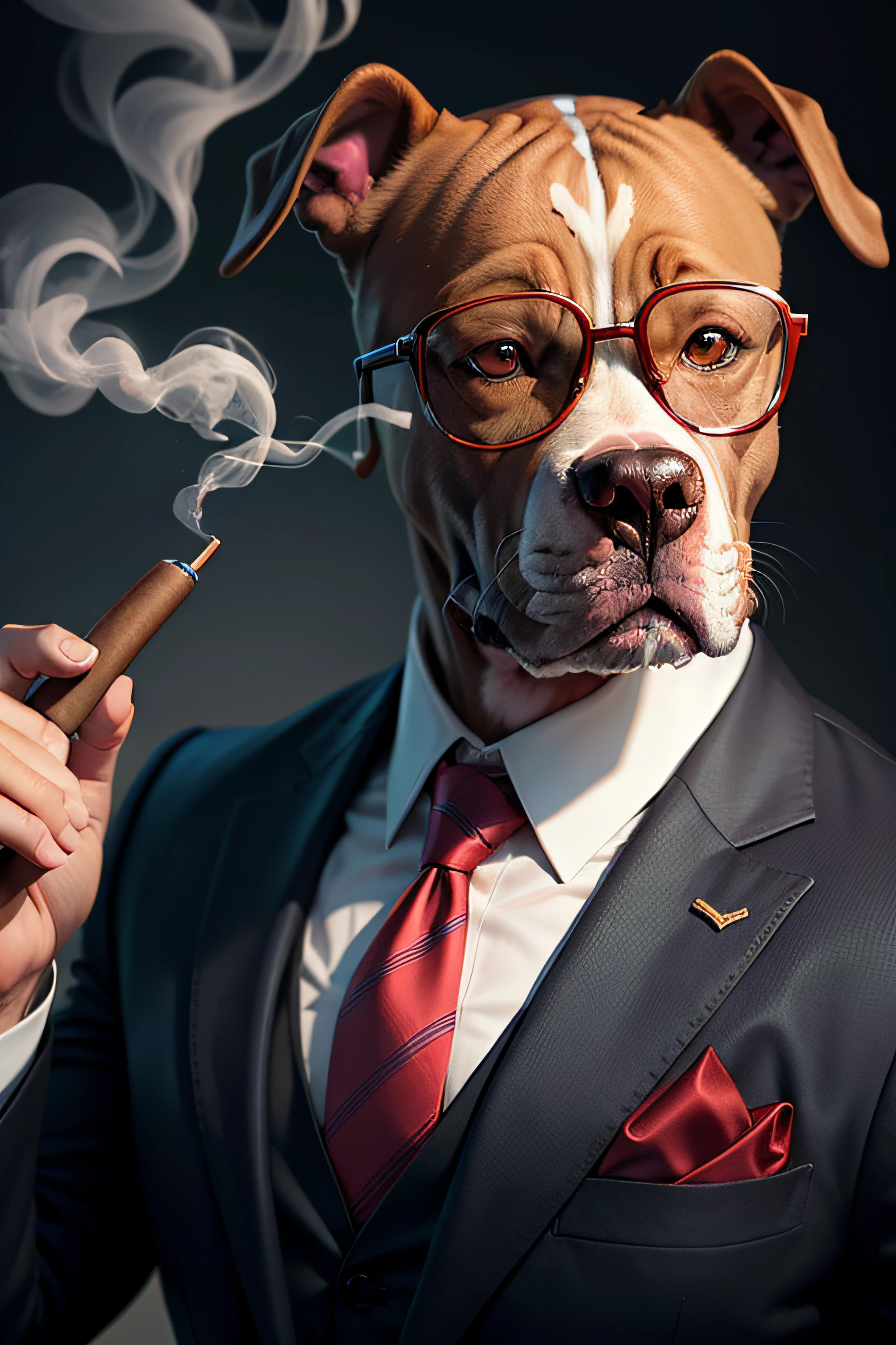 A pitbull dog smoking cigarettes with sunglasses with suit 


