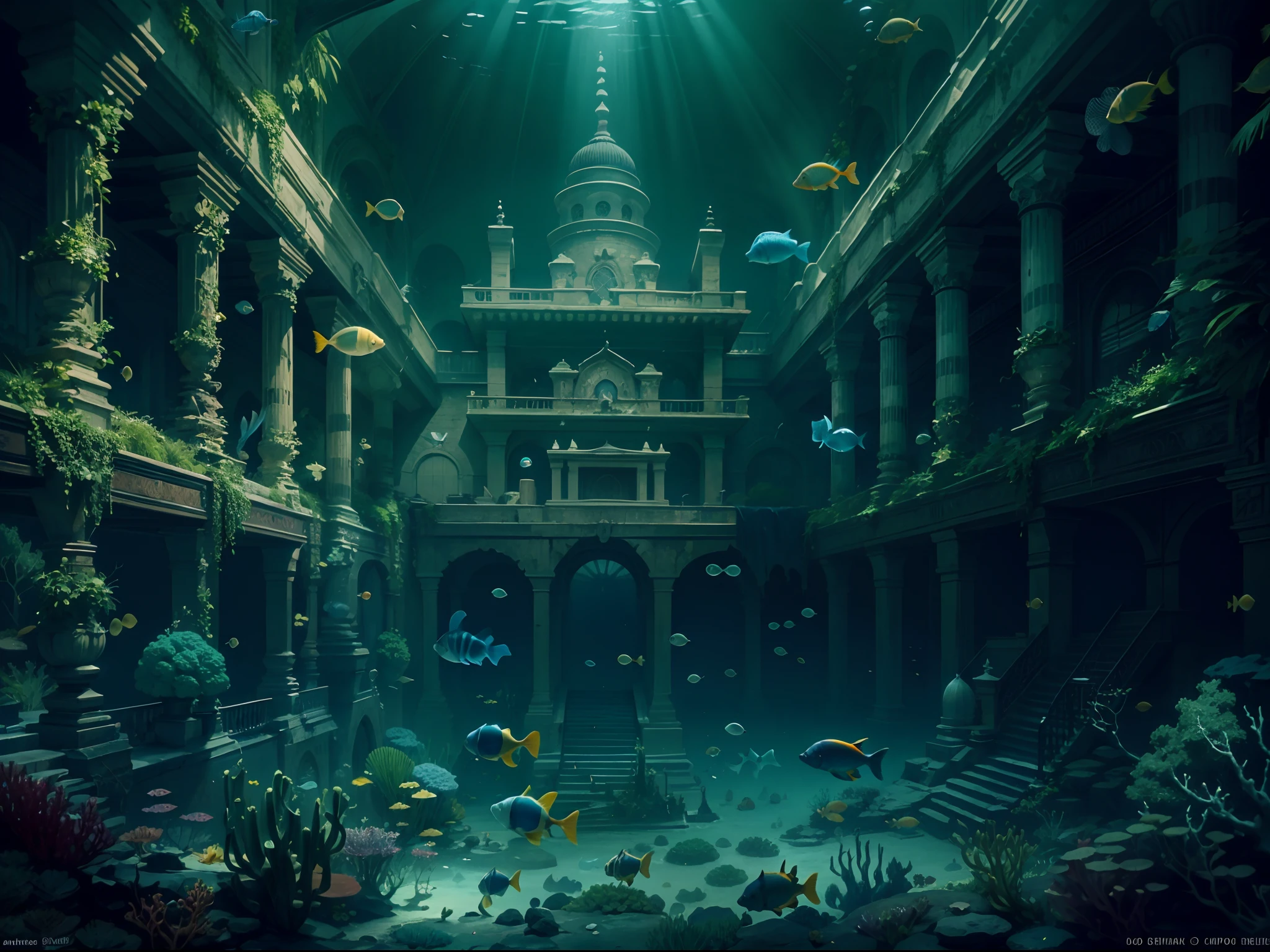 distant underwater shot, lost civilization, exotic architecture, tropical fish, epic dark fantasy