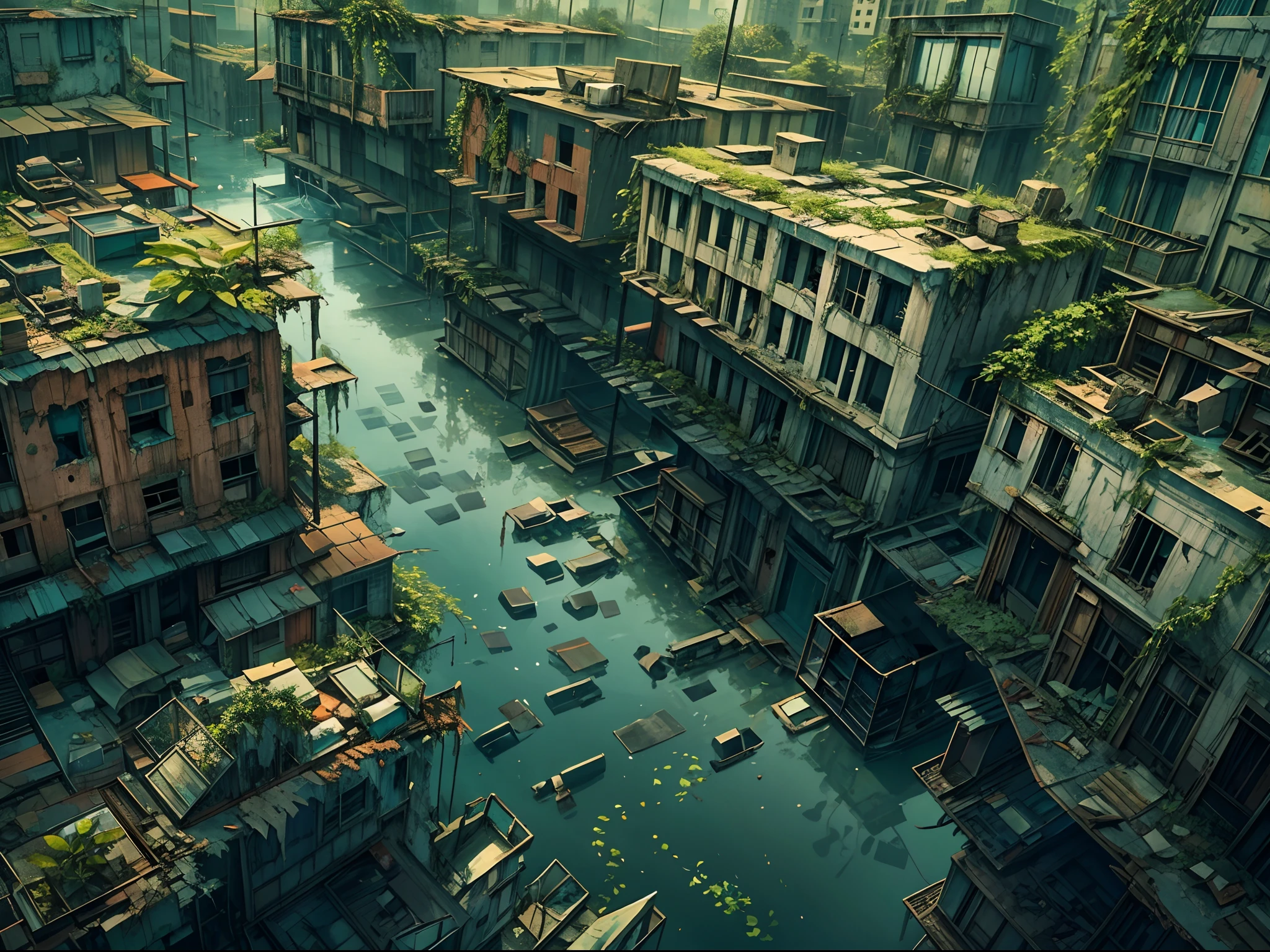 "An eerie, post-apocalyptic cityscape with dilapidated buildings, flooded streets, and nature reclaiming its territory. The city partially submerged, creating a surreal scene with underwater fish."