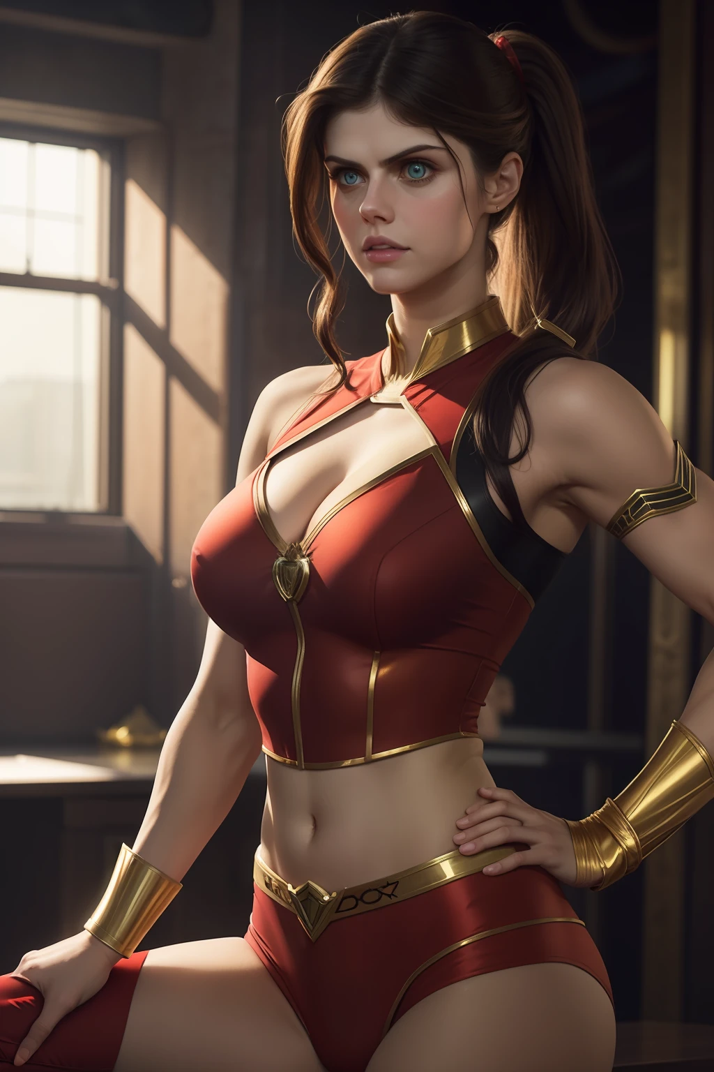 alexandra daddario as a beautiful female superheroine , green eyes brown hair, ponytail, red crop shirt, with a golden Star, wears a golden tiara on forehead with a red gem in her head , golden bracelets, long red boots, and small red shorts portrait photography by artgerm, in the style of realism, glistening skin, cartooncore, mangacore, natural lighting, Defined full lips. Muscular fitness feminine body